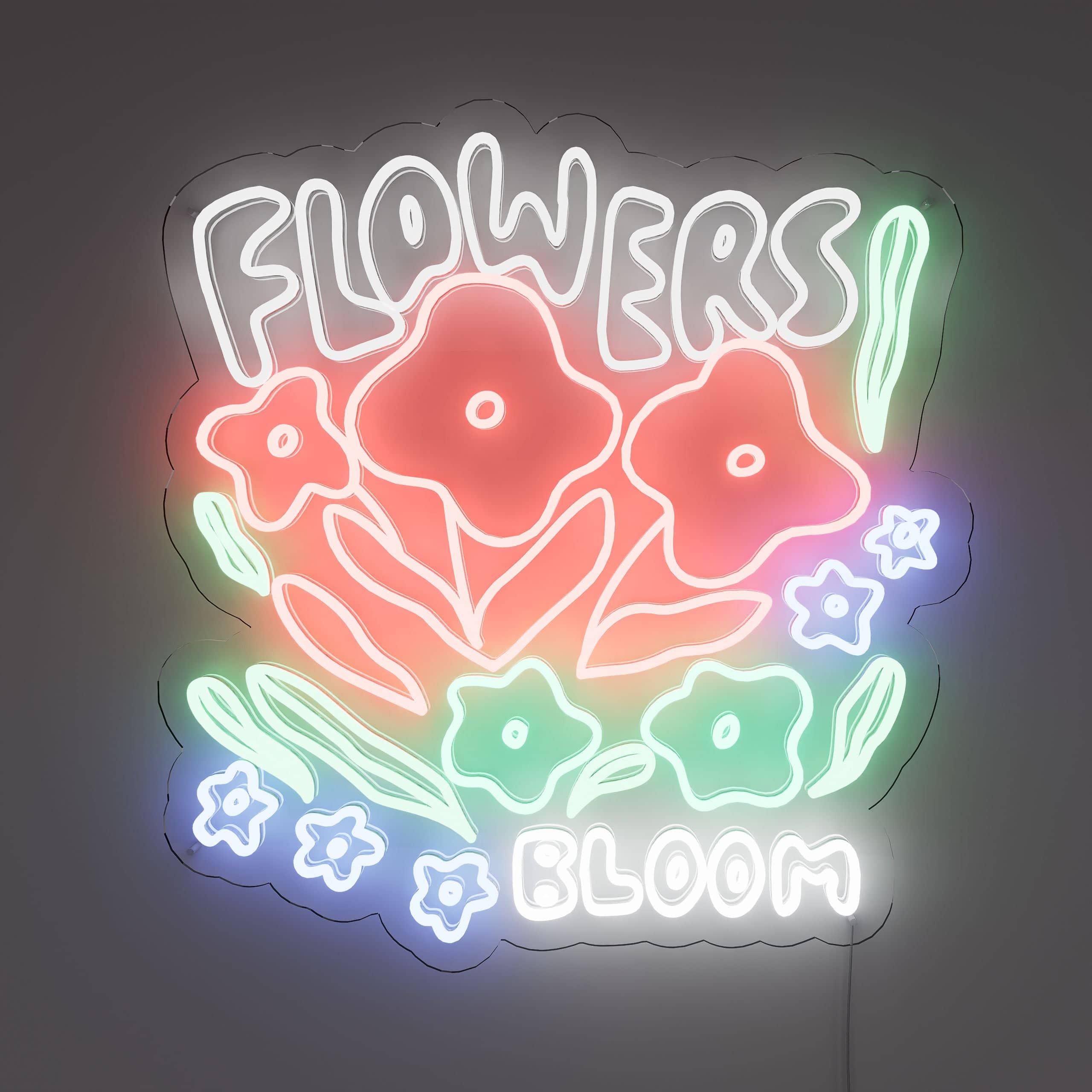 Colorful neon Flowers Bloom sign lights up rooms