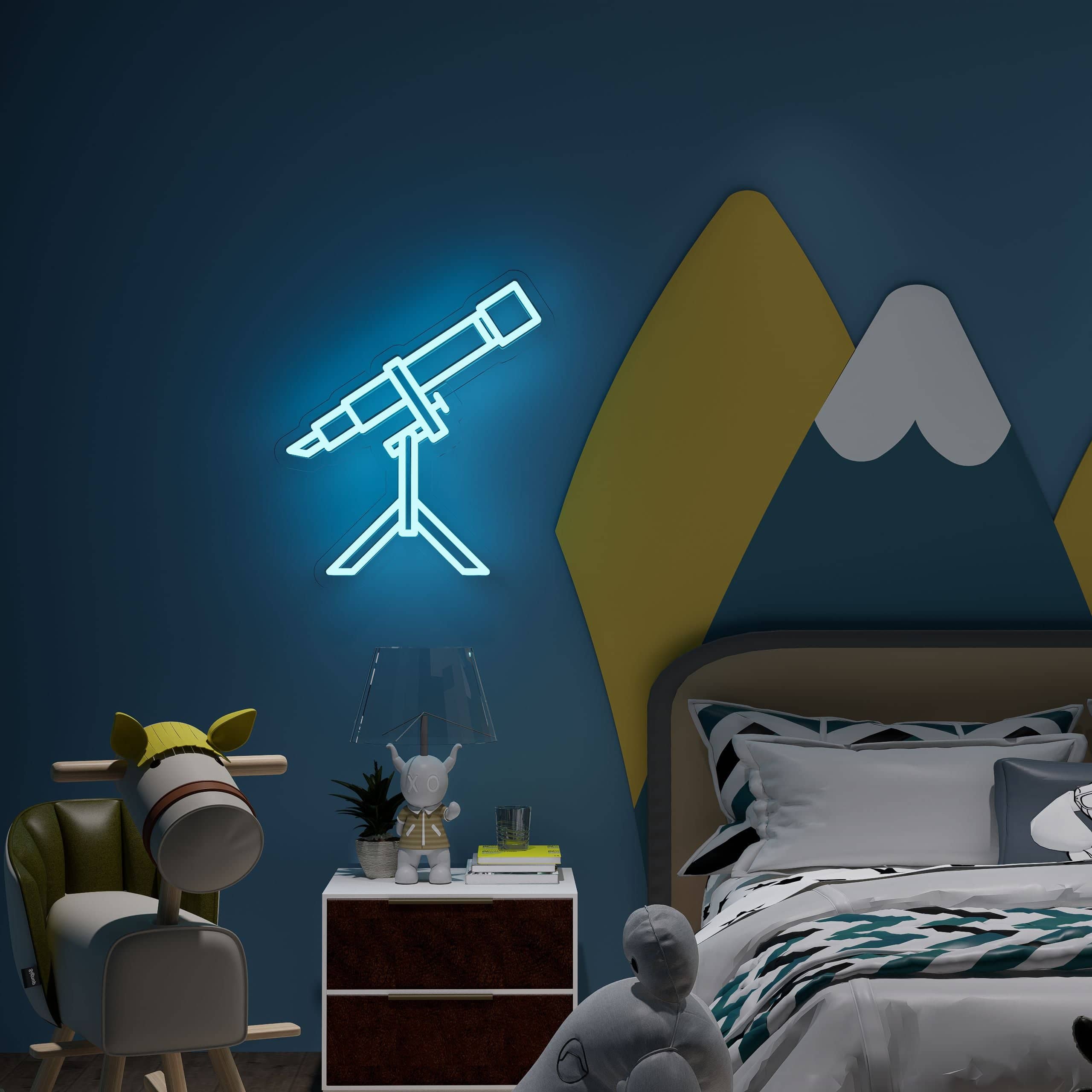 Kids neon sign shaped like a telescope for educational decor