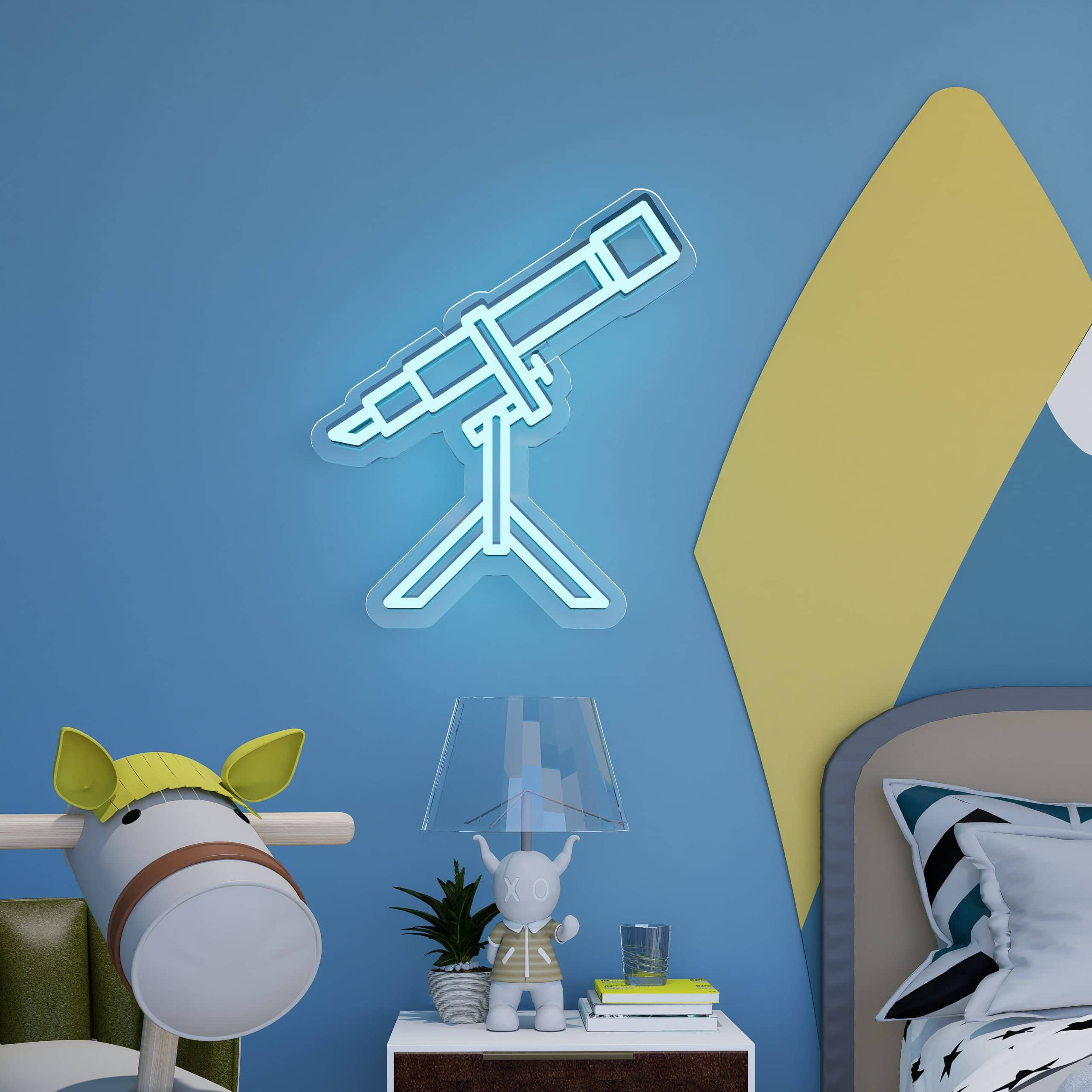 Kids neon sign illuminating a room with a starry theme