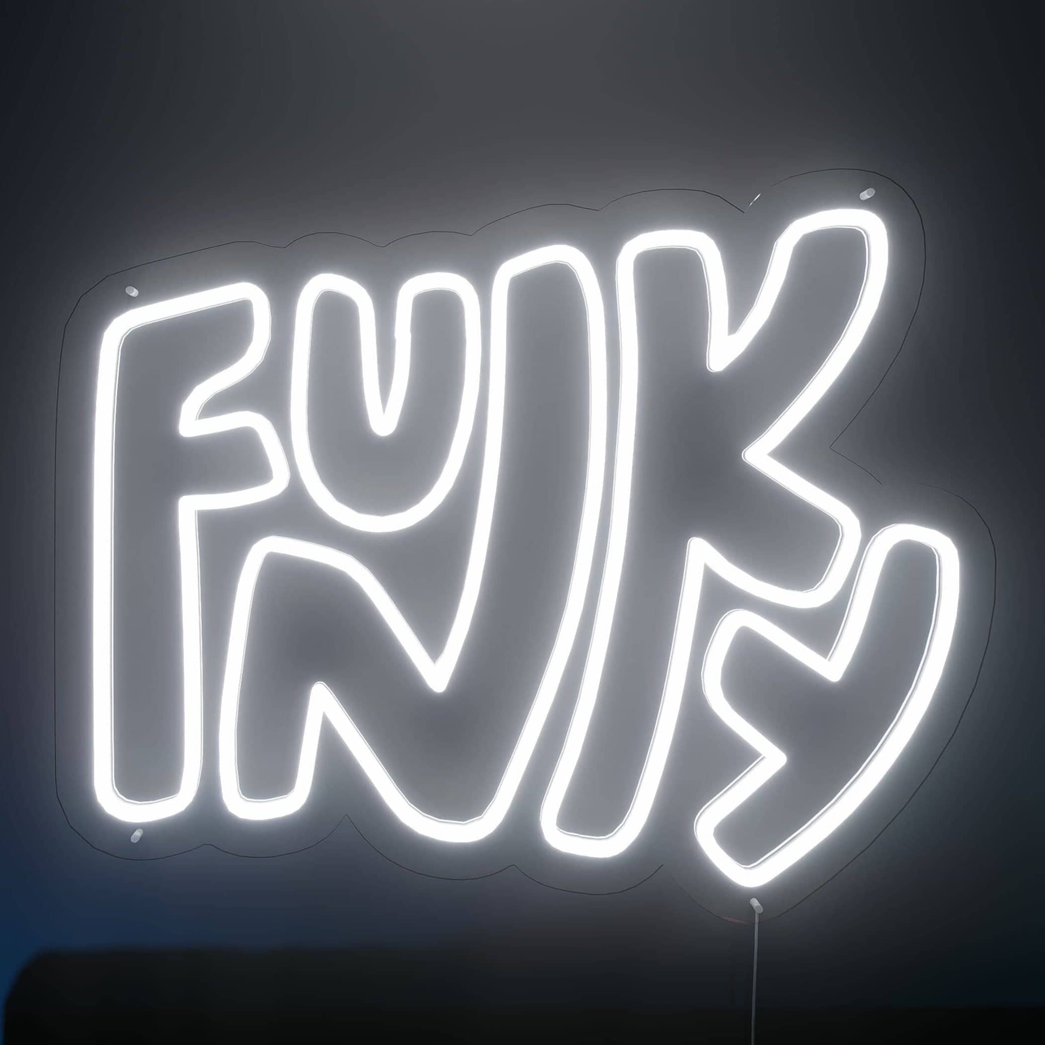 Funky Lifes Sign glows with cool white light