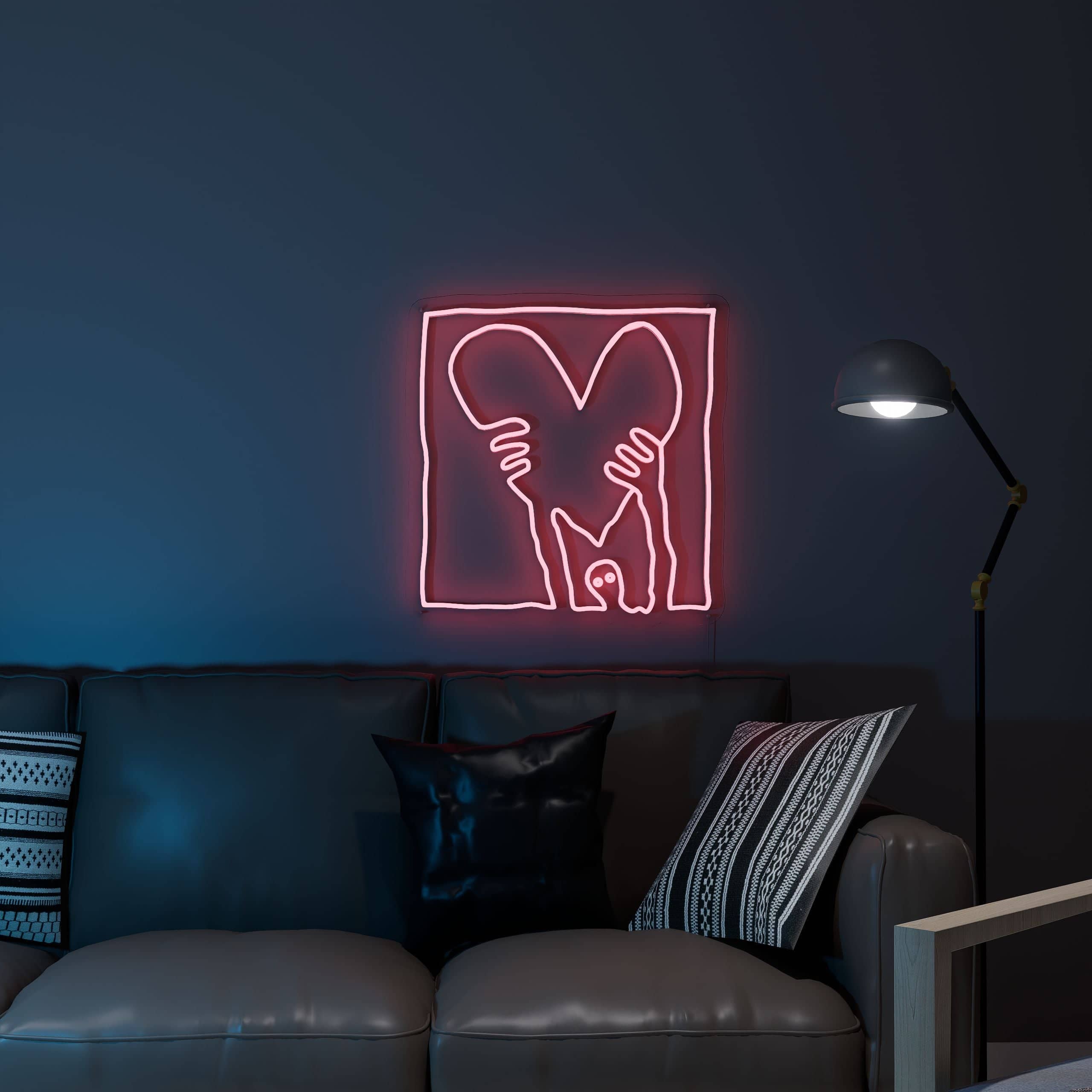 Cozy living room illuminated by red neon light