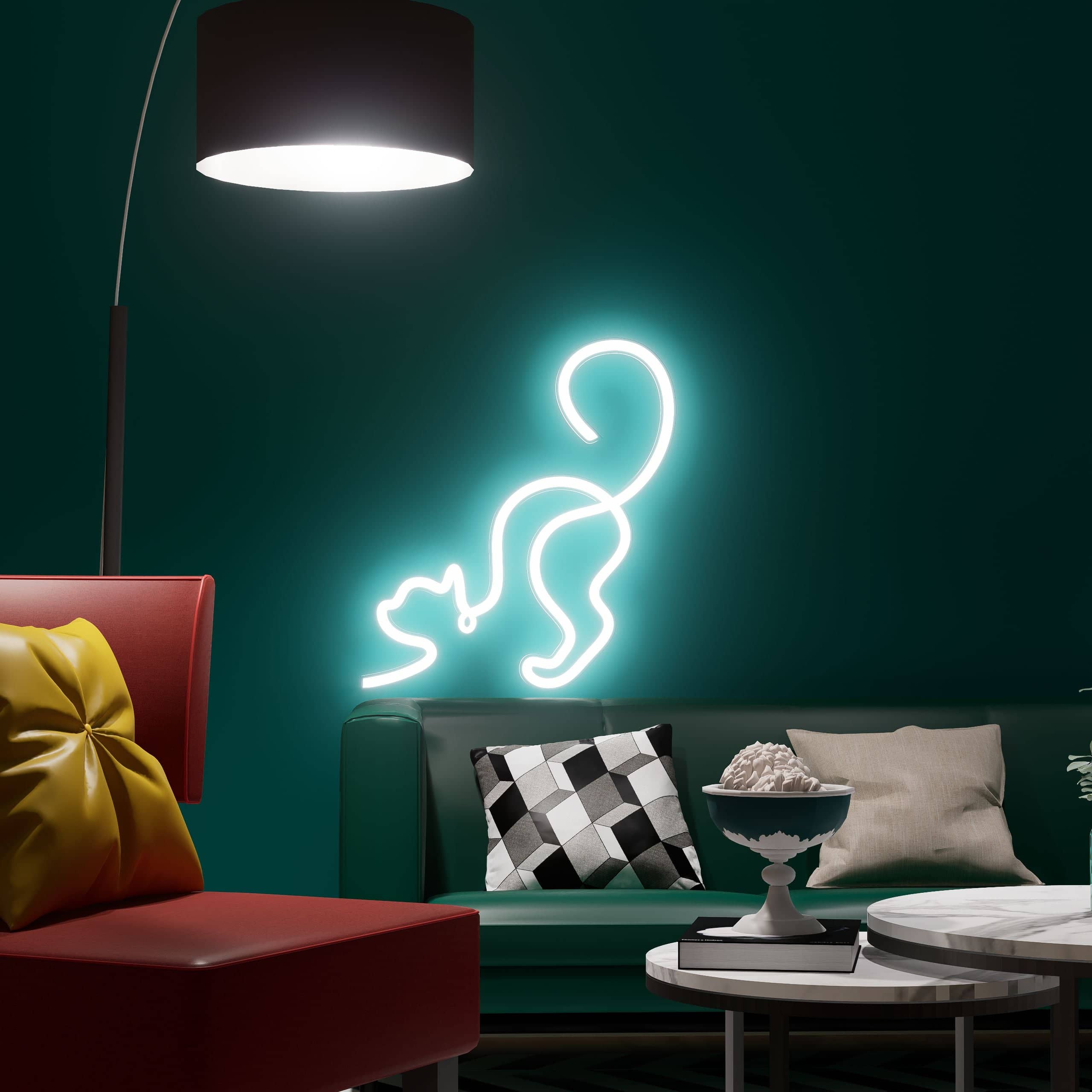 Kids neon sign stretching kitty glowing softly in a child's room
