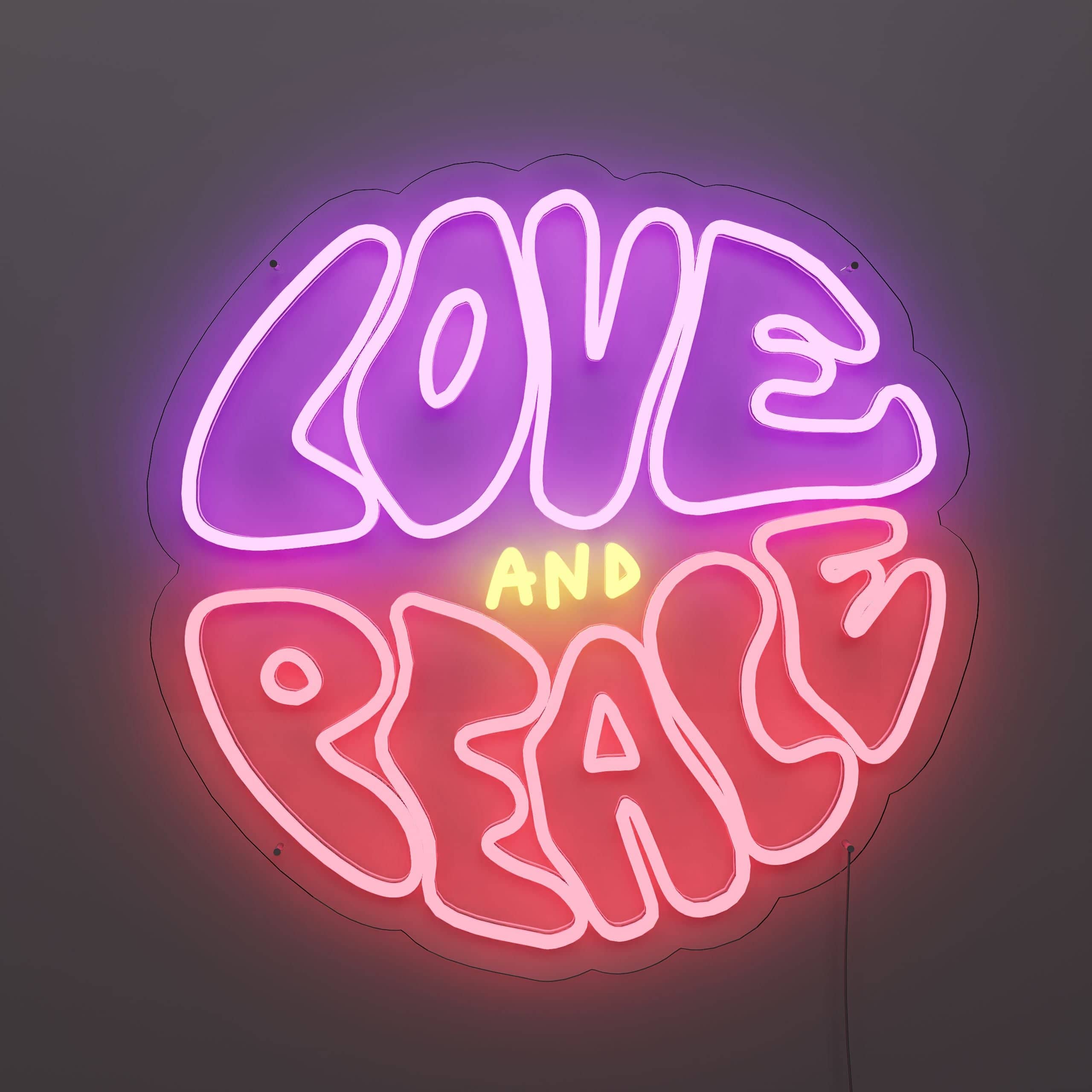 Colorful neon sign spelling Love And Peace brightly