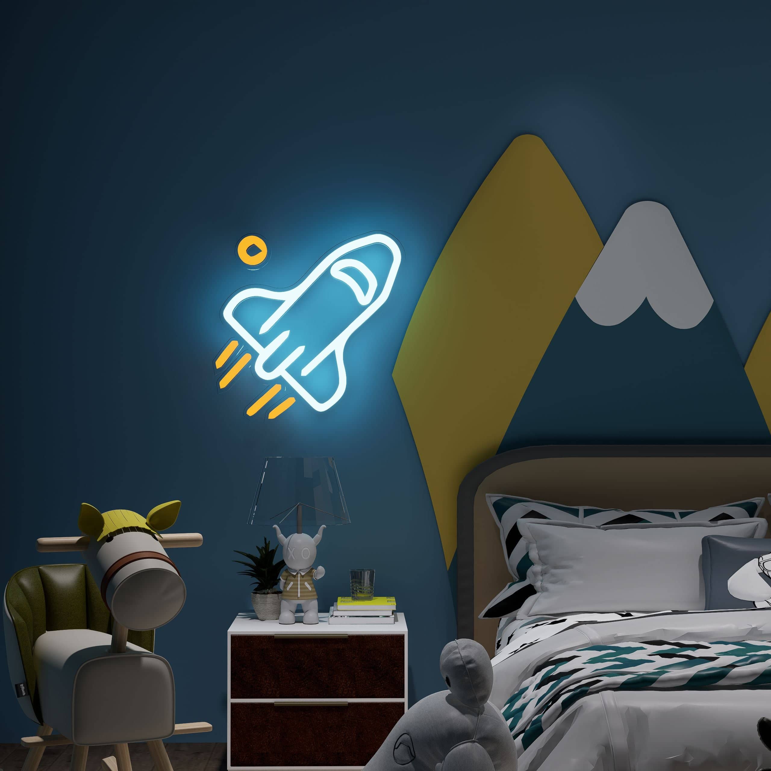 Custom kids neon signs featuring a playful rocket design