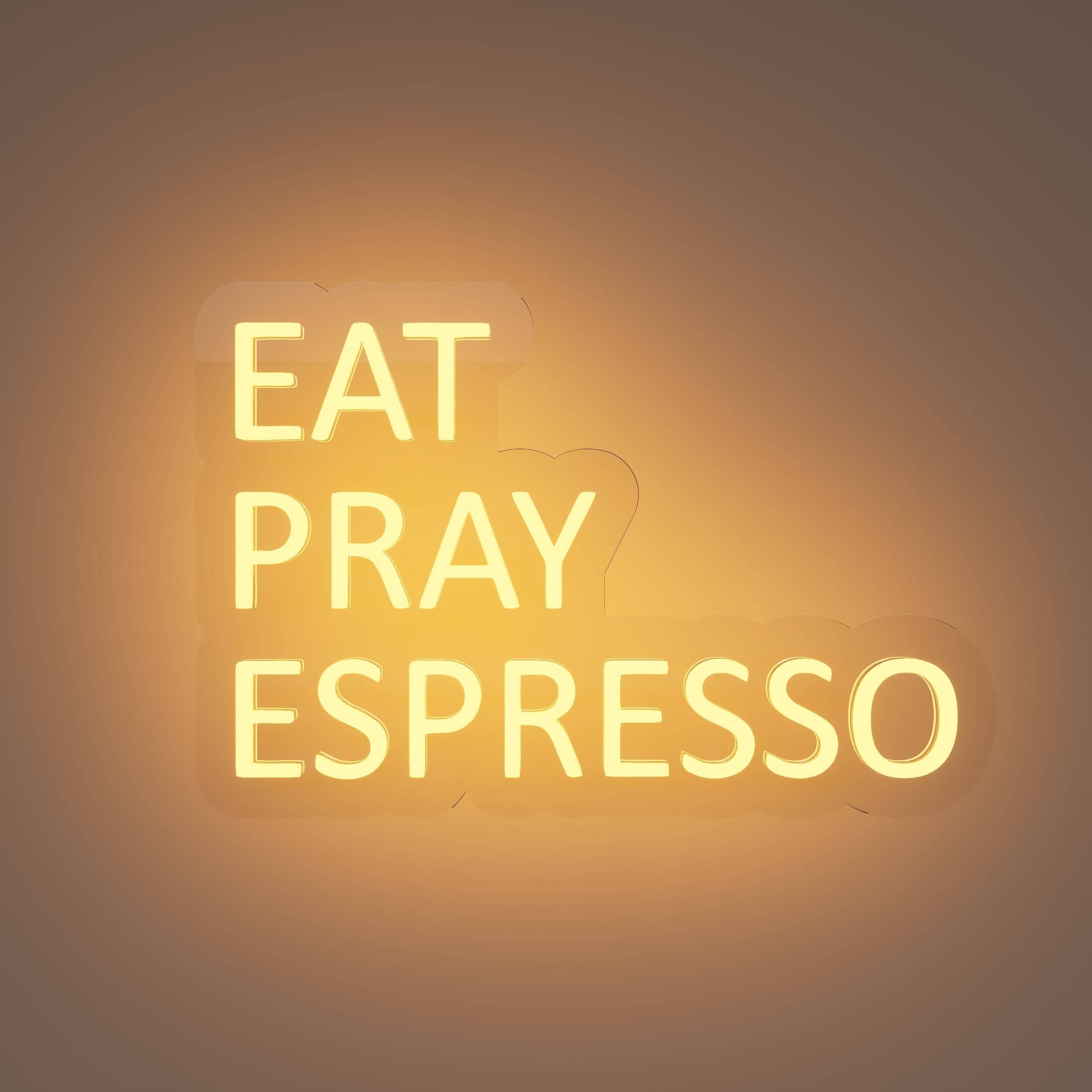 For sale neon sign 'Eat Pray Espresso' glows softly