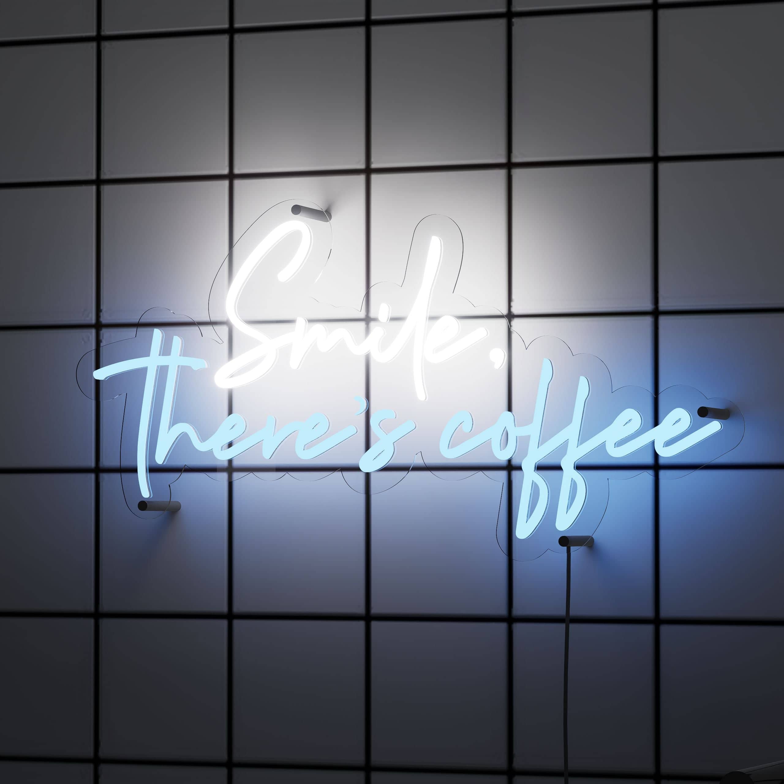 Bedroom neon sign 'Smile There's Coffee' brightens spaces