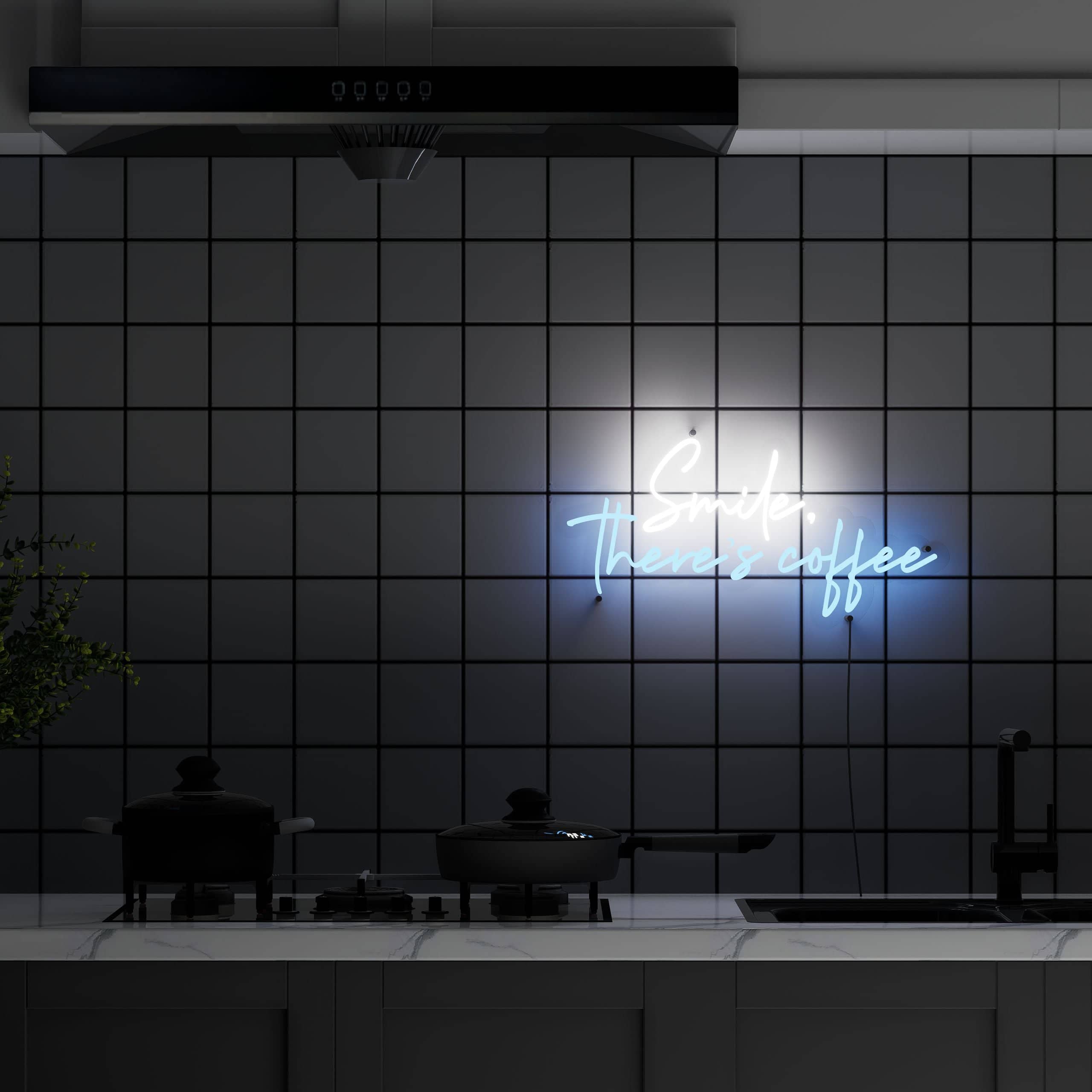 Smile There's Coffee' neon sign in room setting