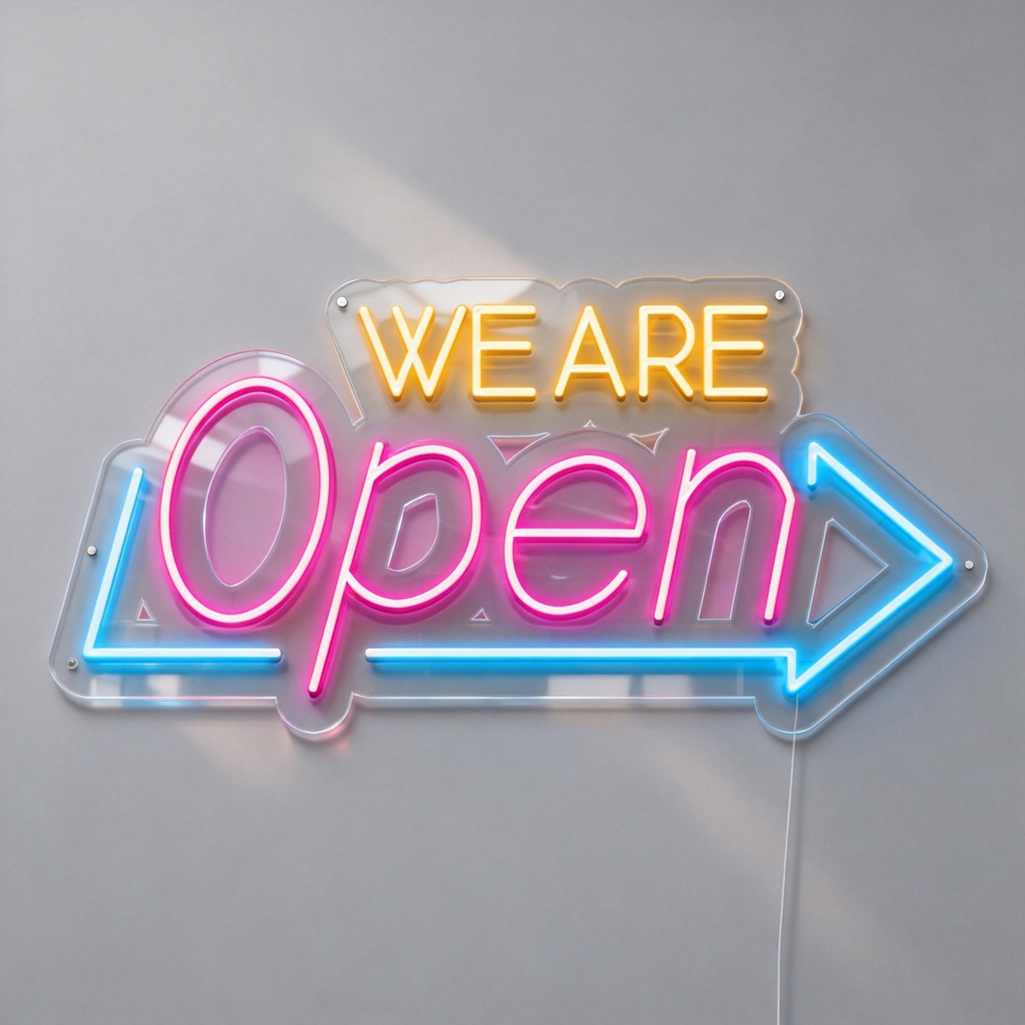 We Are Open Arrow Neon Sign