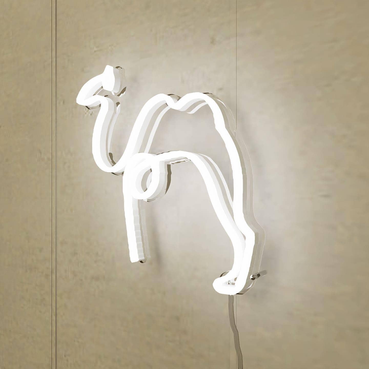 Neon illustration of a camel, evoking a fruitful journey through dunes.