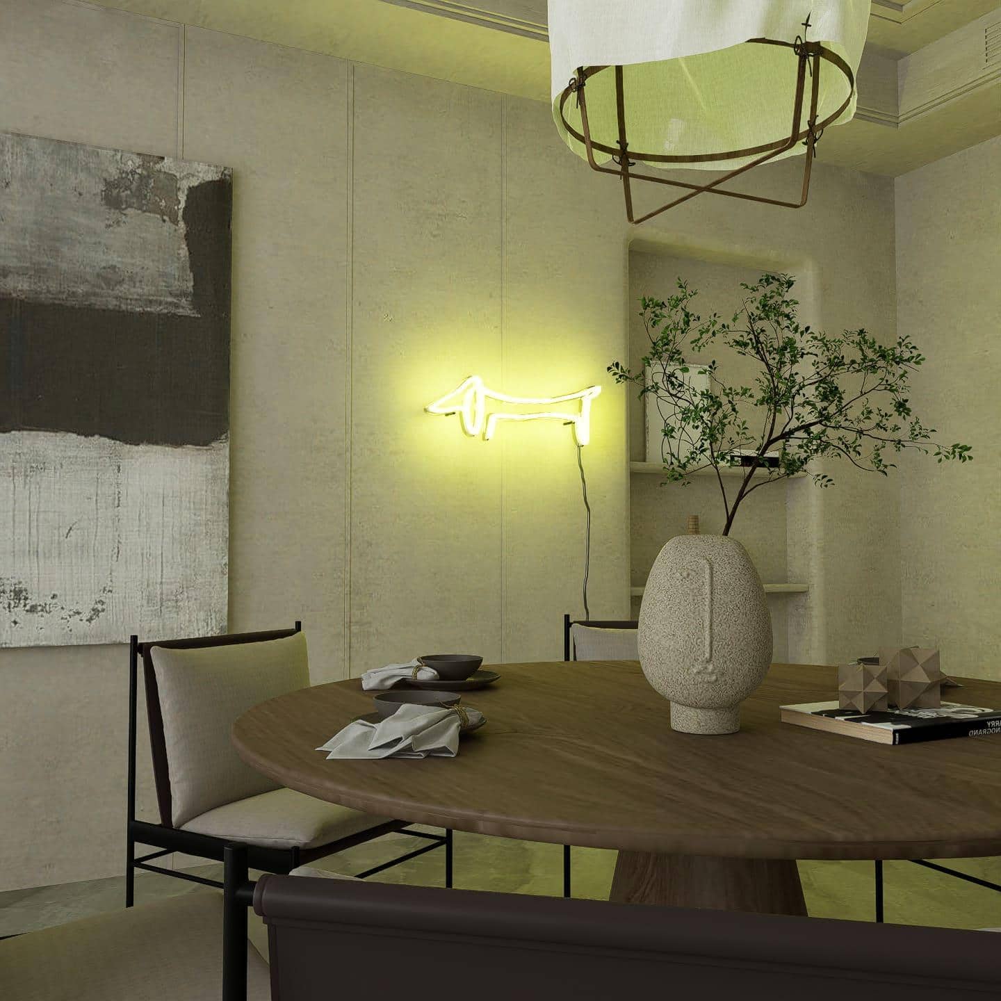 picasso-sketch-of-dachshund-hanging-on-wall-display-illuminated-at-night-golden