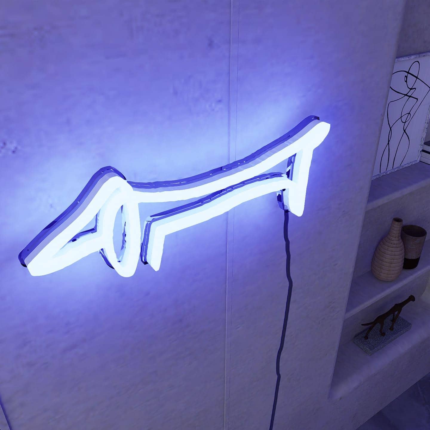 picasso-sketch-of-dachshund-hanging-on-wall-display-illuminated-at-night-blue