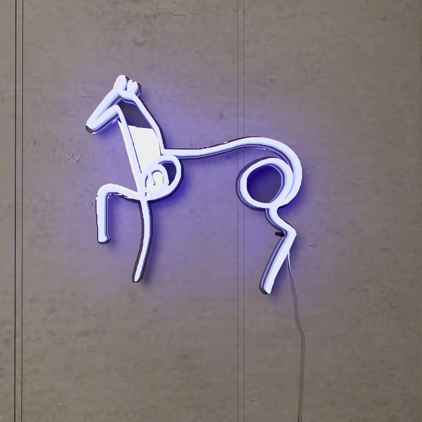 lighted-at-night-picasso-sketch-horse-hanging-on-wall-display-blue