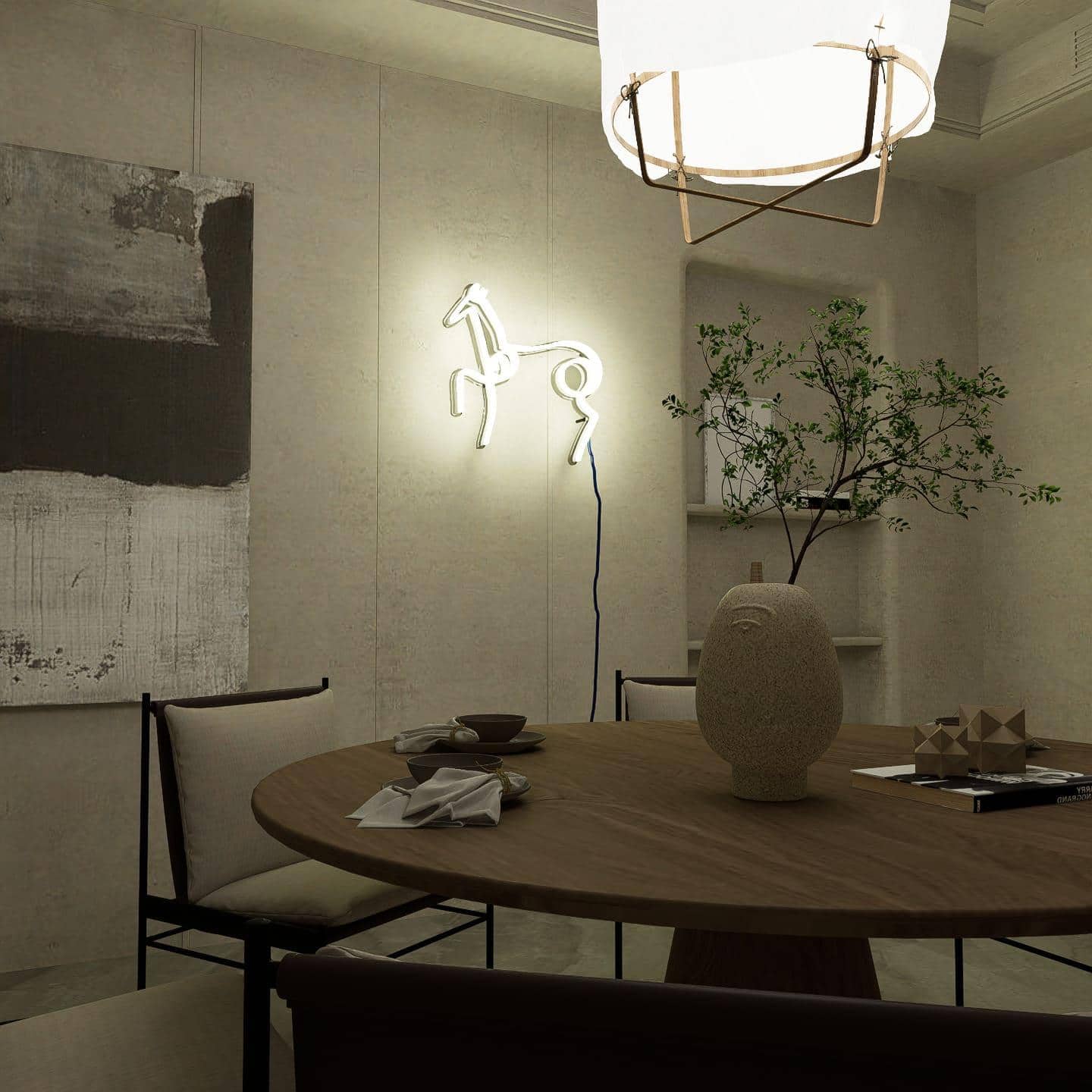 lighted-at-night-picasso-sketch-horse-hanging-on-wall-display-white