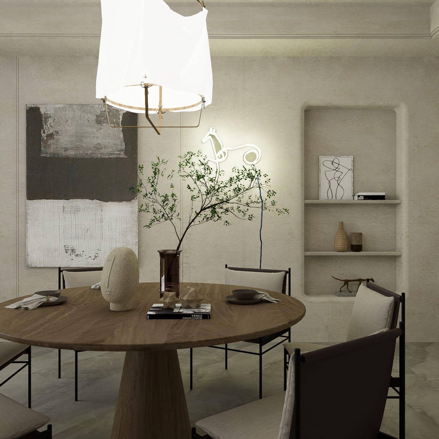 lighted-at-night-picasso-sketch-horse-hanging-on-wall-display-white