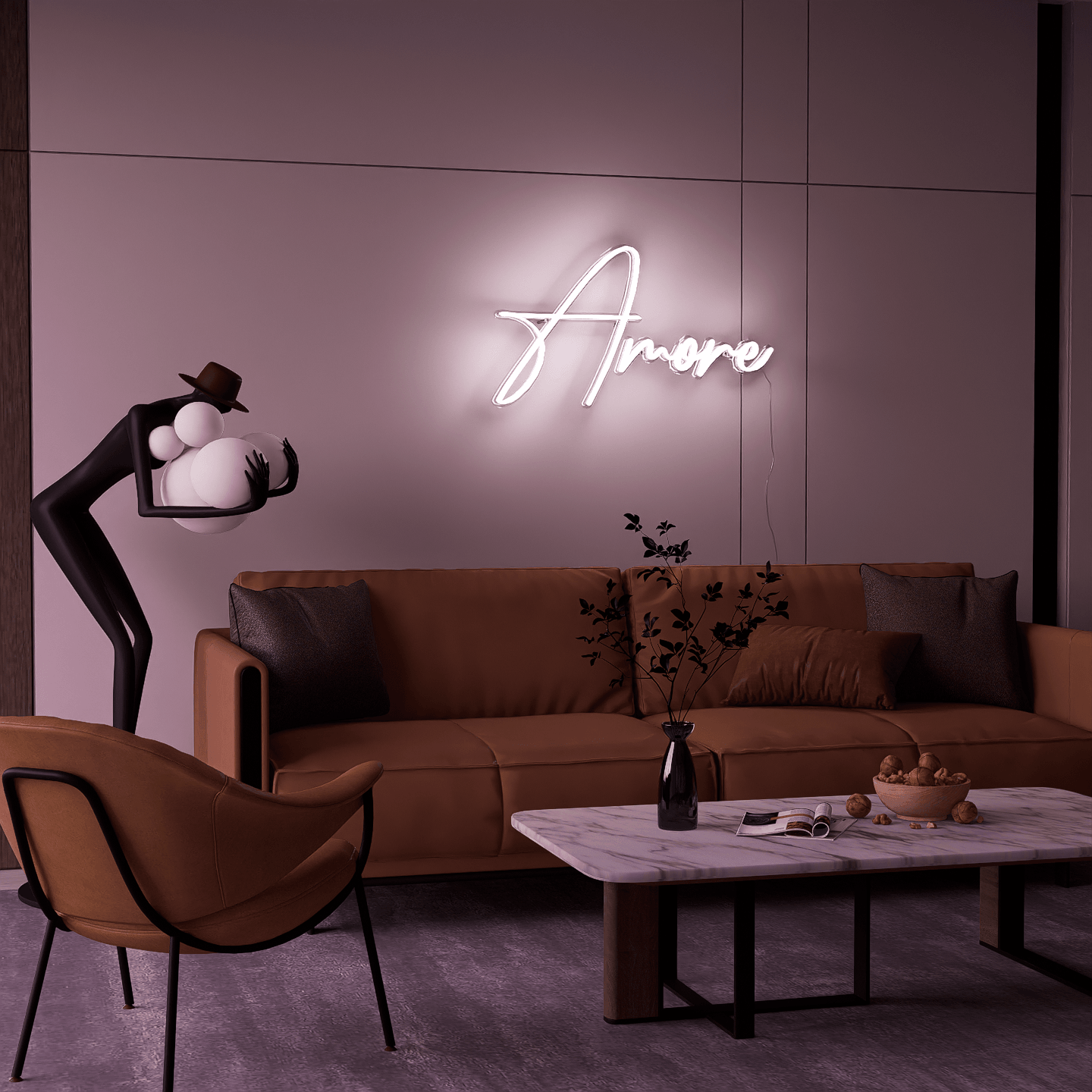 a retro-style neon sign displaying 'amore', perfect for a vintage-themed wedding.