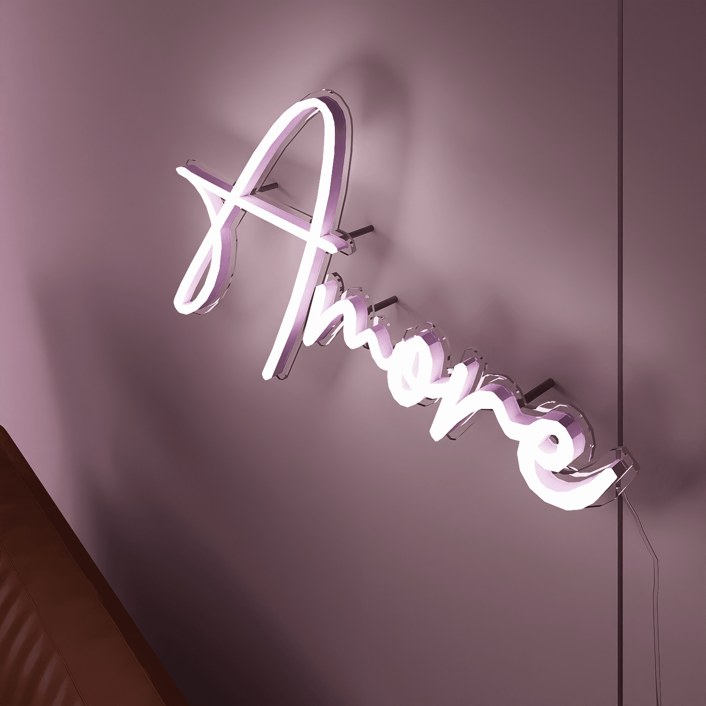 'amore' written in a sleek, modern cursive font, glowing in a soft white or warm gold color for a contemporary feel.