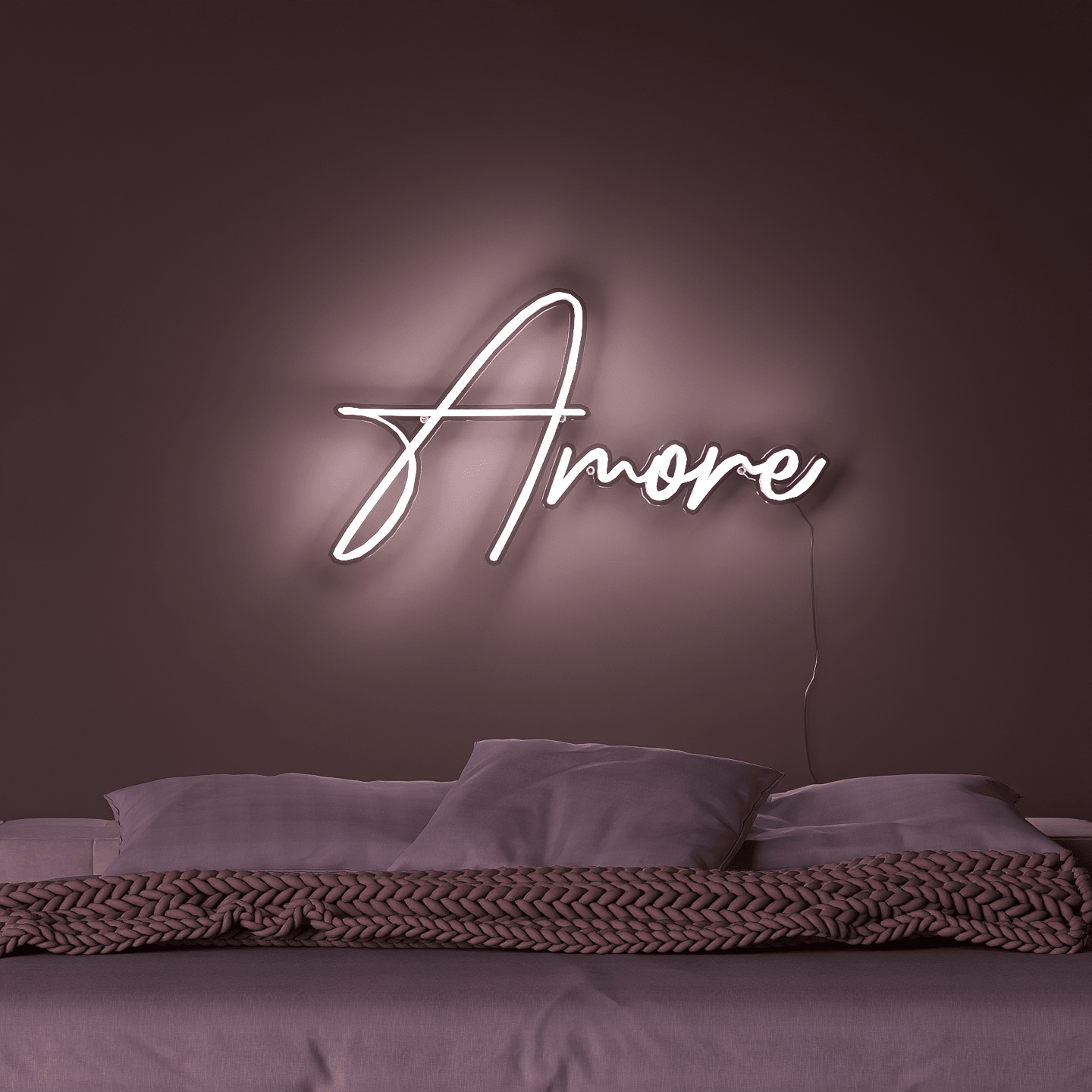 the word 'amore' in classic neon, surrounded by neon or led-lit flowers, creating a beautiful blend of modern and natural elements.