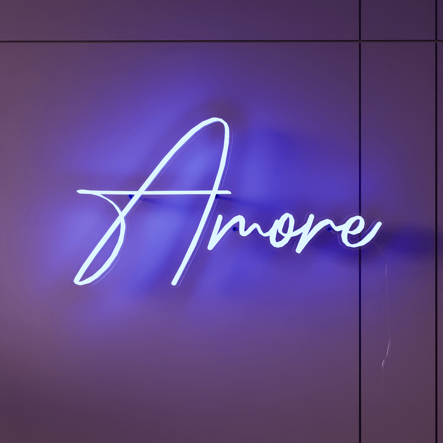 the word 'amore' in two contrasting neon colors, such as red and white, creating a dynamic and eye-catching sign.
