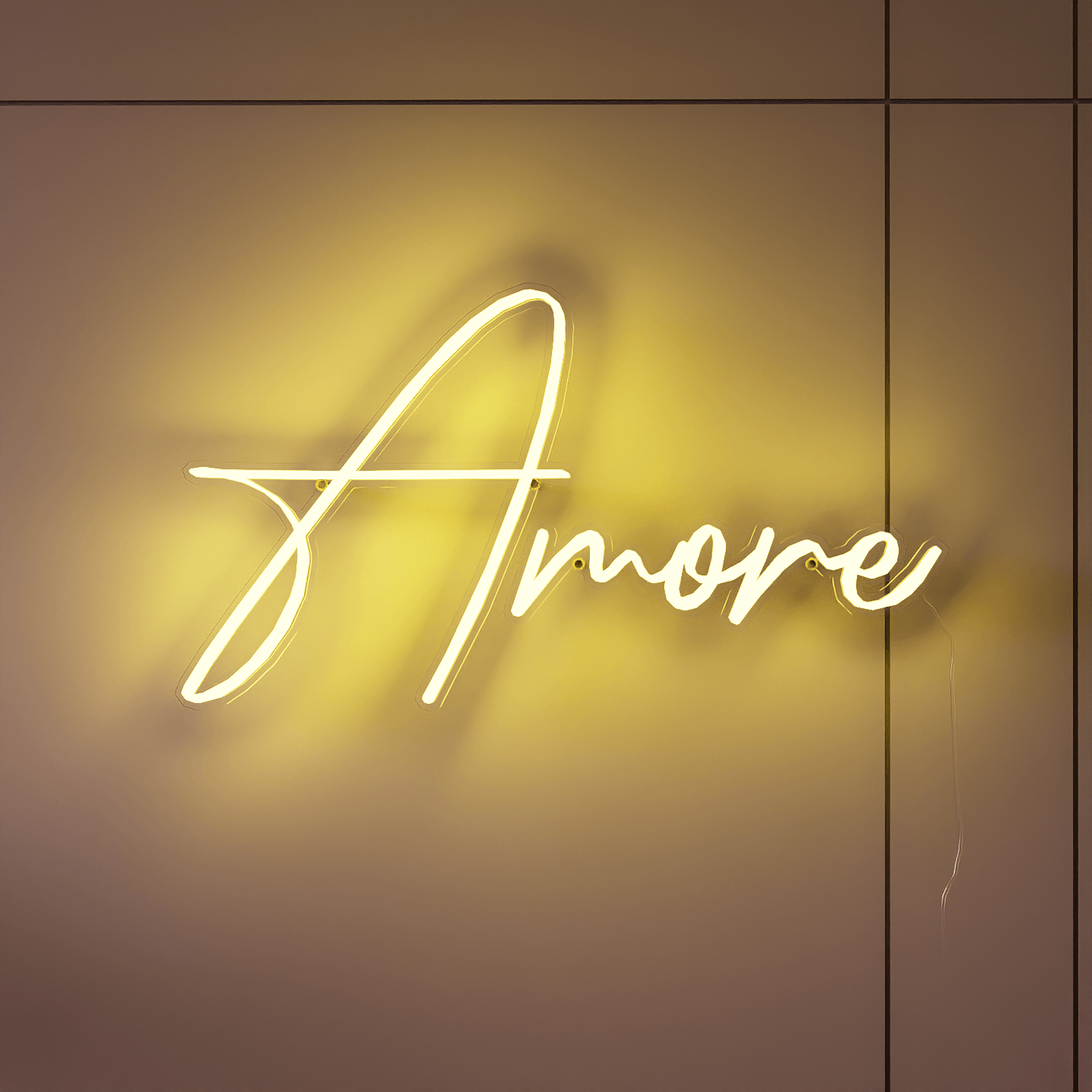 the word 'amore' in two contrasting neon colors, such as red and white, creating a dynamic and eye-catching sign.