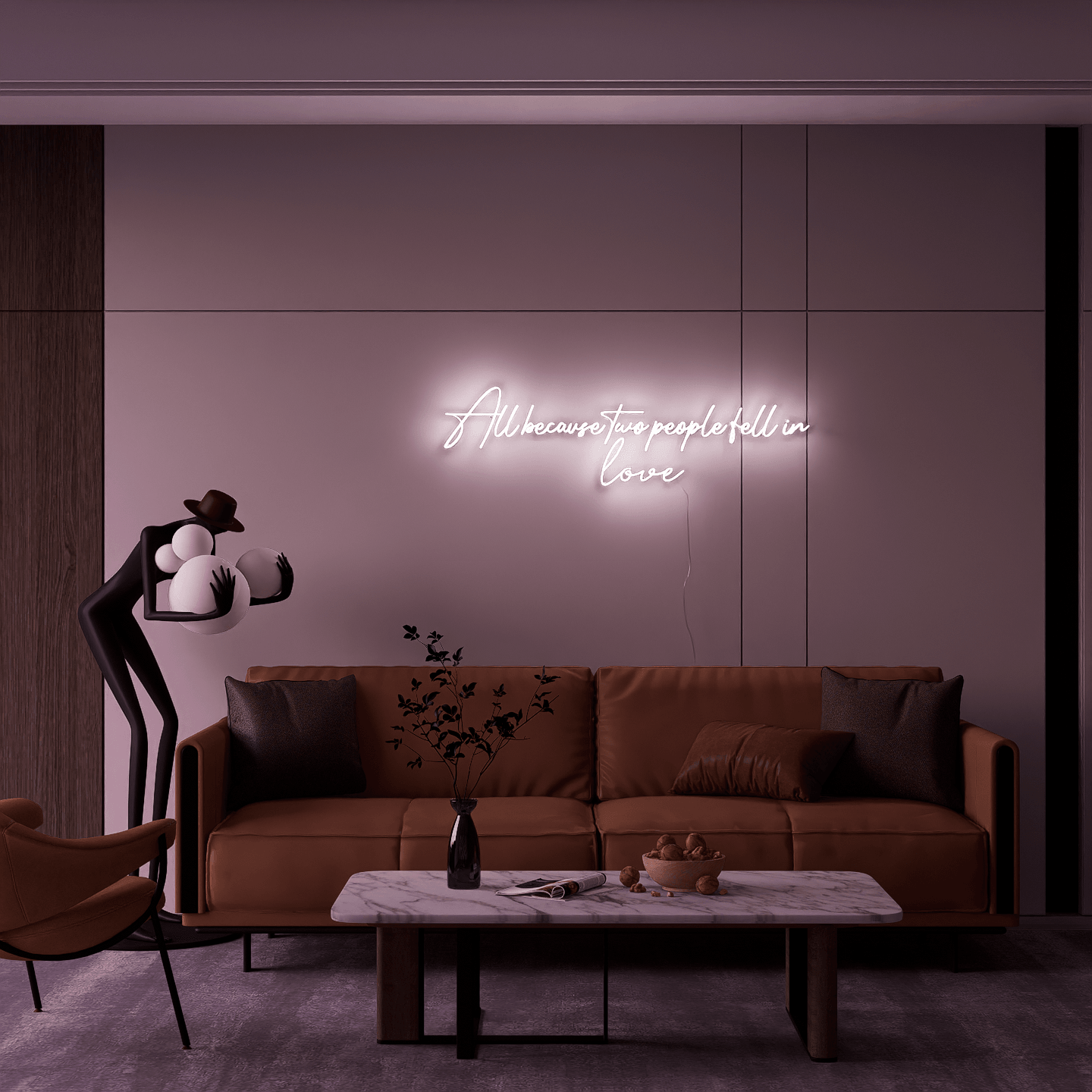 Custom neon sign featuring All Because Two People Fell in Love for wedding decor.