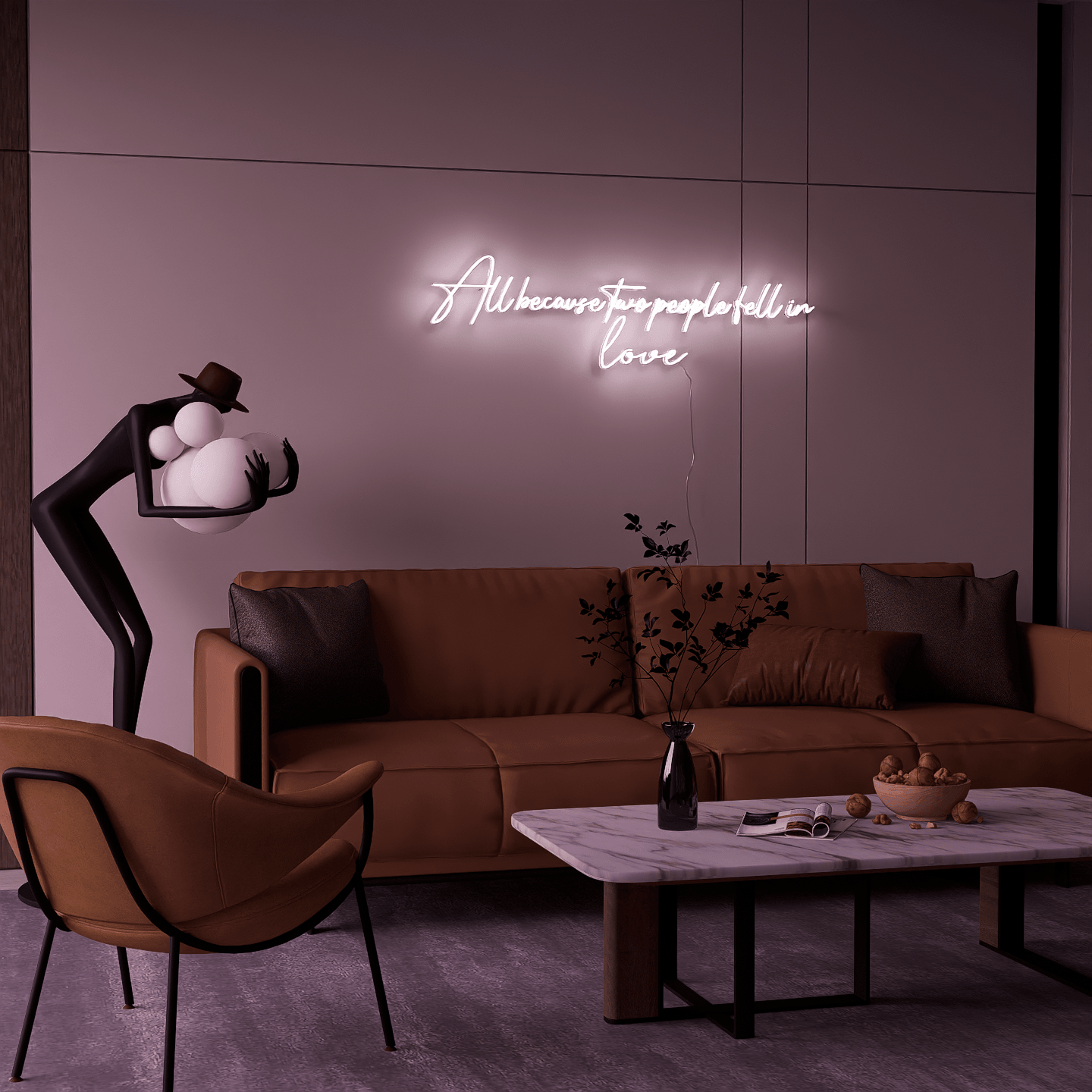 Beautifully designed All Because Two People Fell in Love in custom wedding neon signs.