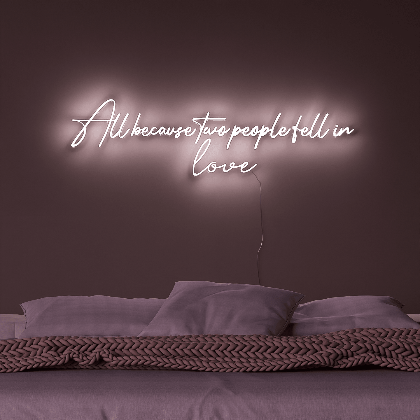 Custom neon wedding signs with All Because Two People Fell in Love in cursive.