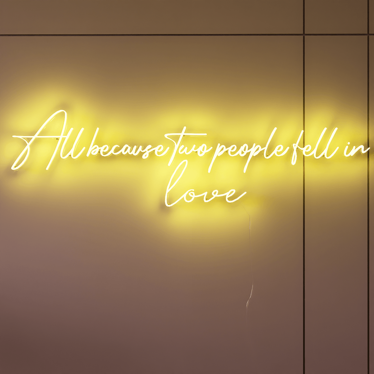 Stylish custom wedding neon signs with All Because Two People Fell in Love motif.