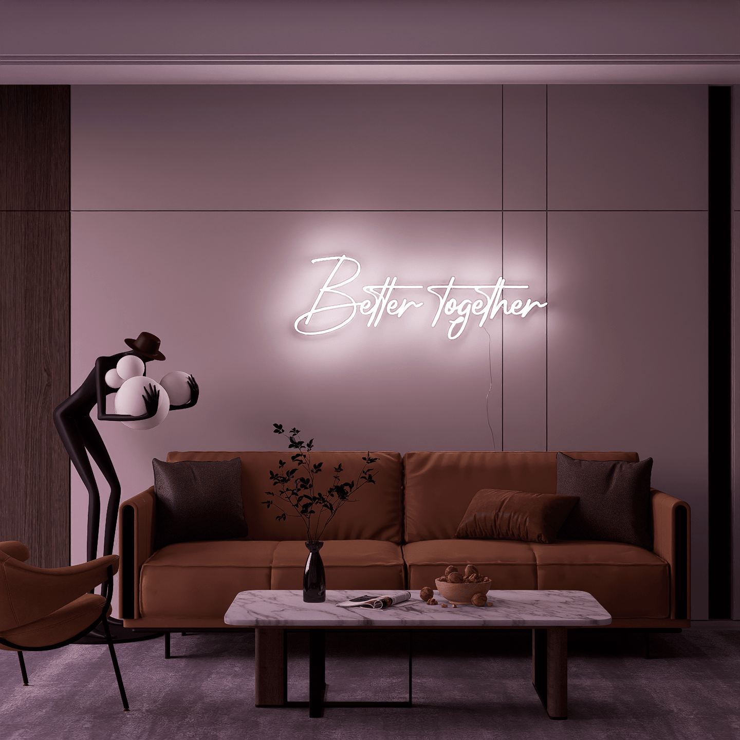 white-neon-lights-illuminated-at-night-and-hung-on-the-wall-for-display-better-togethe-one