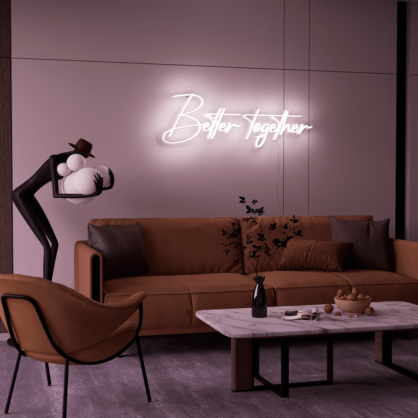 white-neon-lights-illuminated-at-night-and-hung-on-the-wall-for-display-better-togethe-one