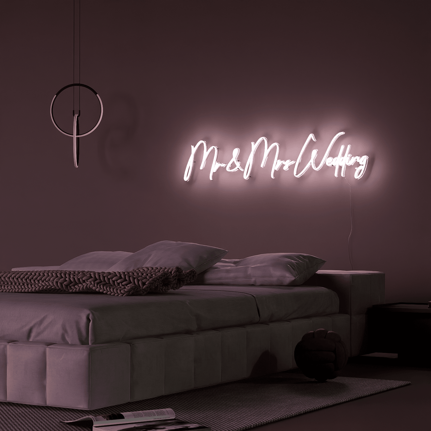 side-shot-of-illuminated-white-neon-lights-hanging-on-the-wall-at-night-&-mrs-wedding