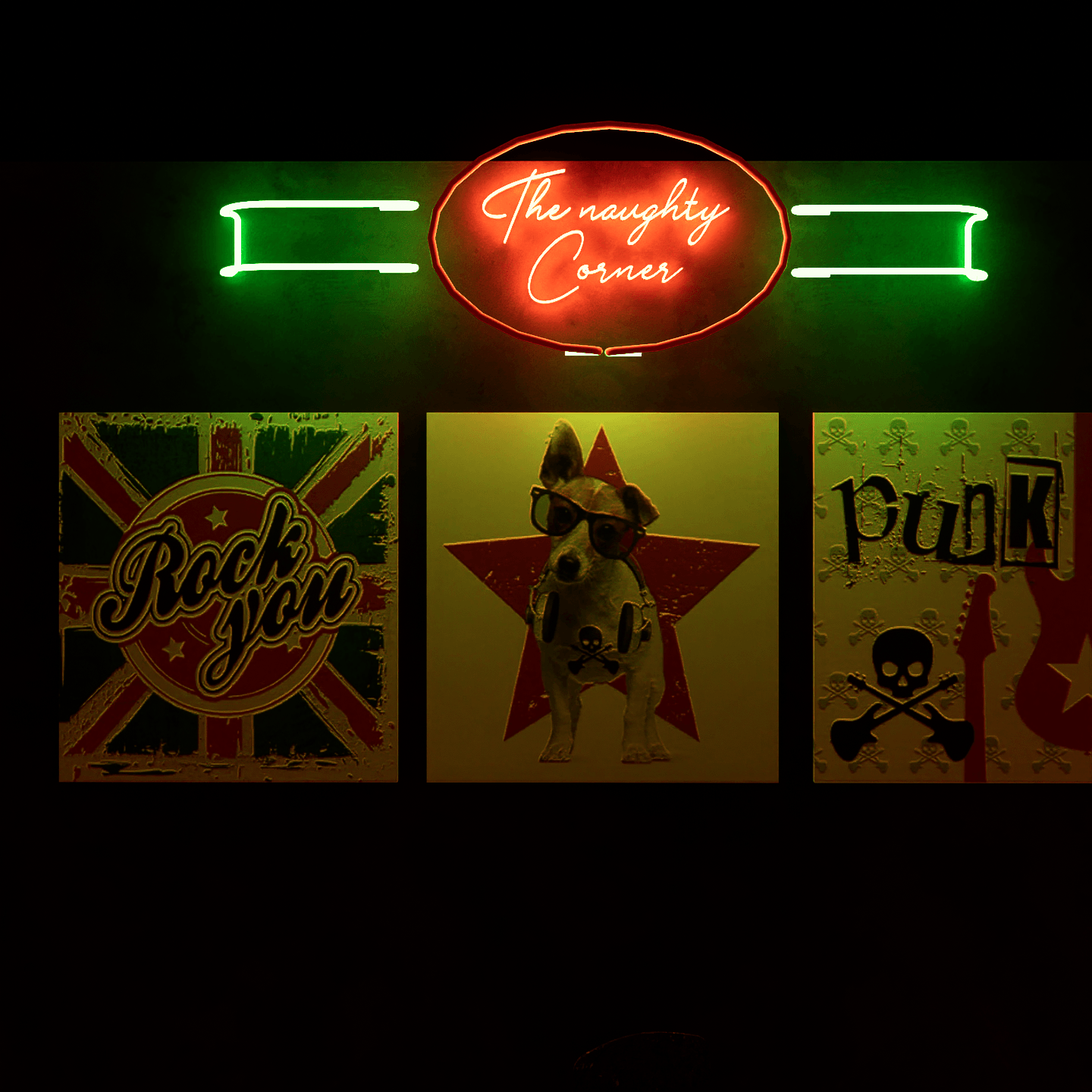 Dark night lit red neon light size chart hanging on the wall-The Naughty Corner