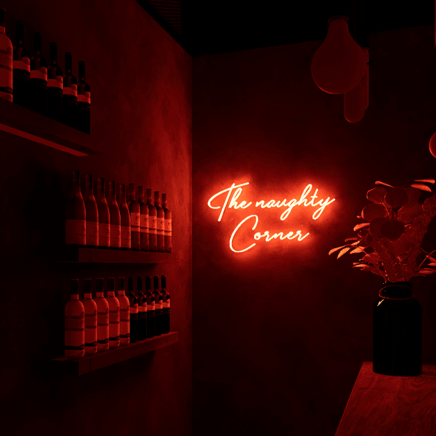Dark night lit red neon light size chart hanging on the wall-The Naughty Corner