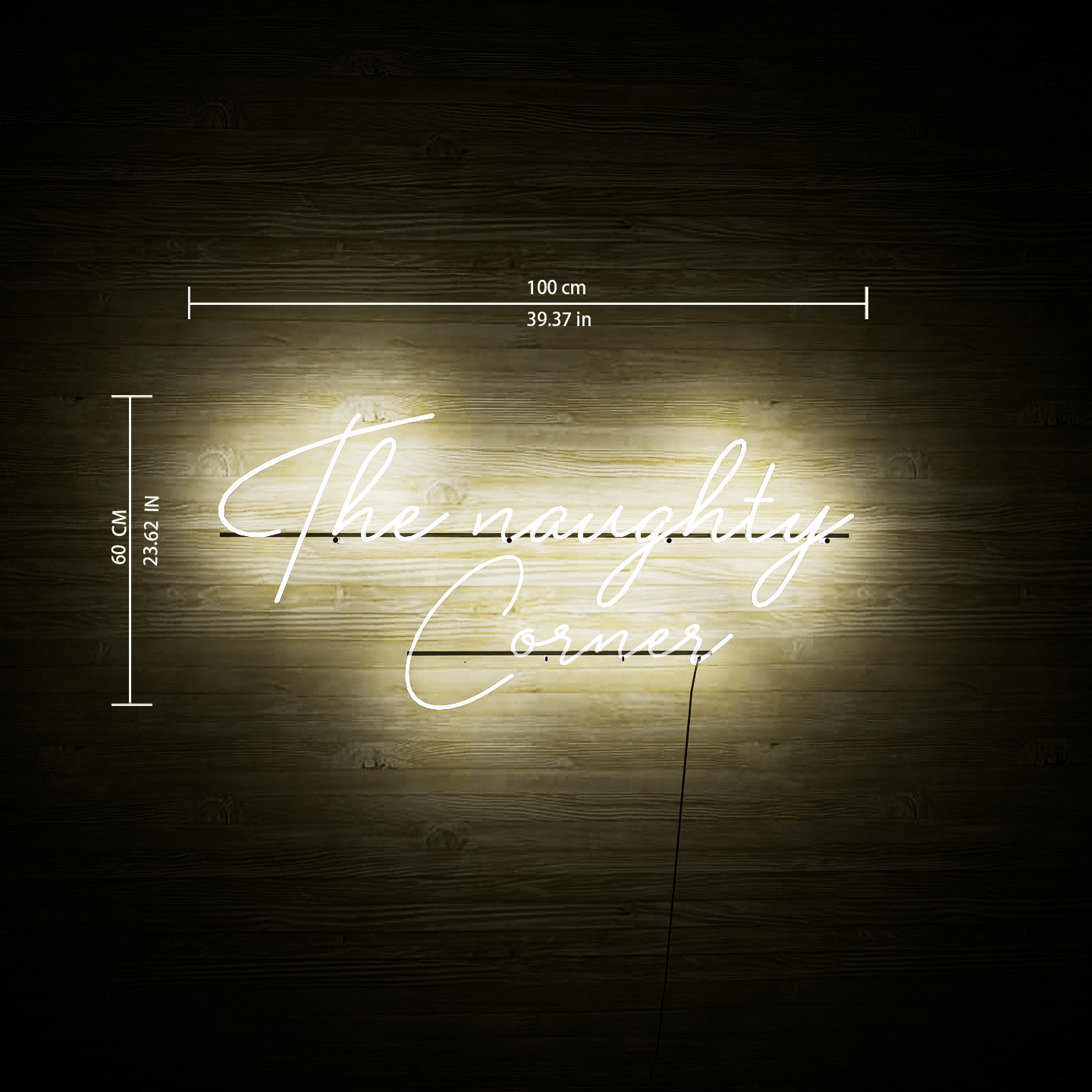 Dark night lit white neon light size chart hanging on the wall-The Naughty Corner
