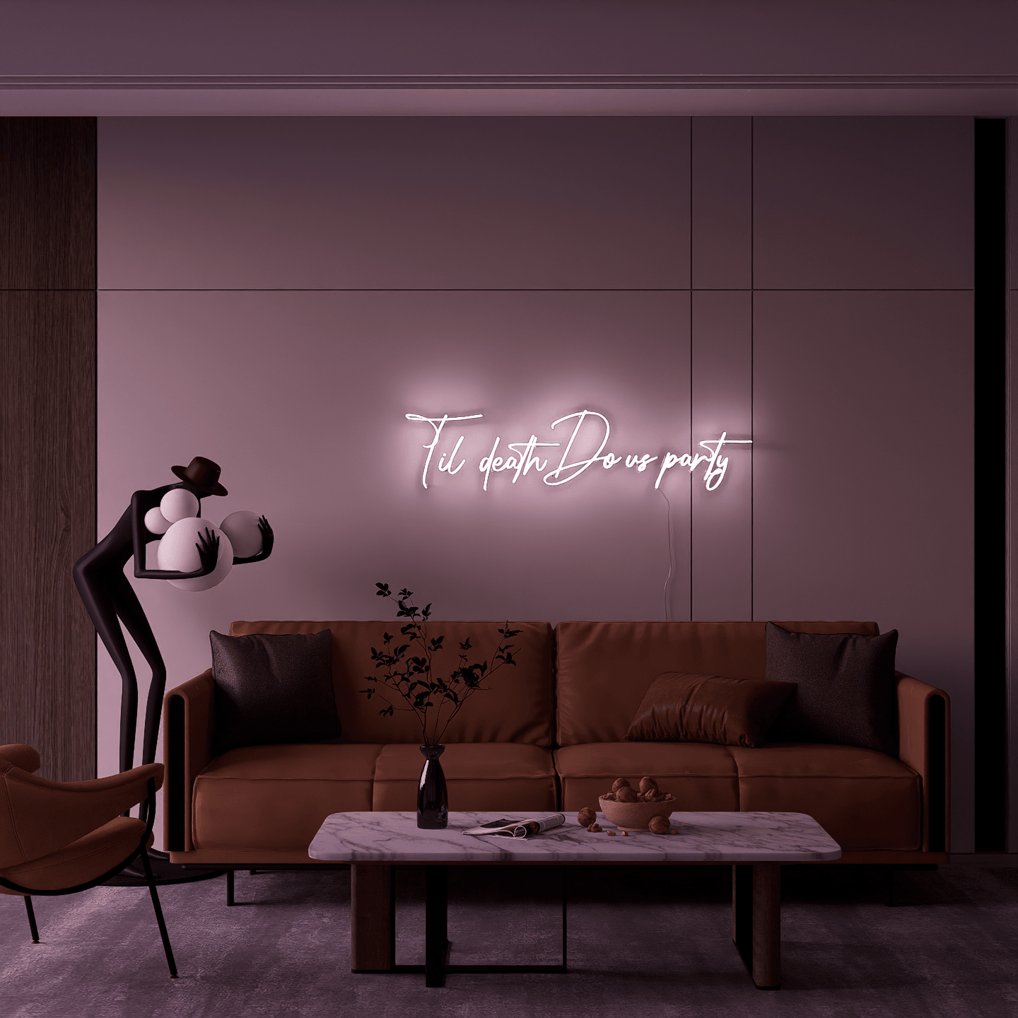 frontal-shot-of-illuminated-white-neon-sign-hanging-on-the-wall-at-night-til-death-do-us-party