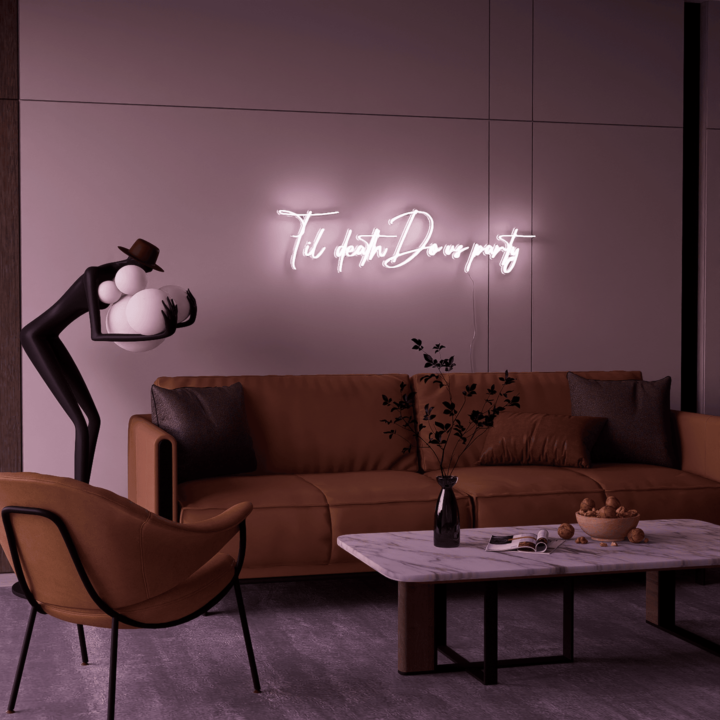 frontal-shot-of-illuminated-white-neon-sign-hanging-on-the-wall-at-night-til-death-do-us-party