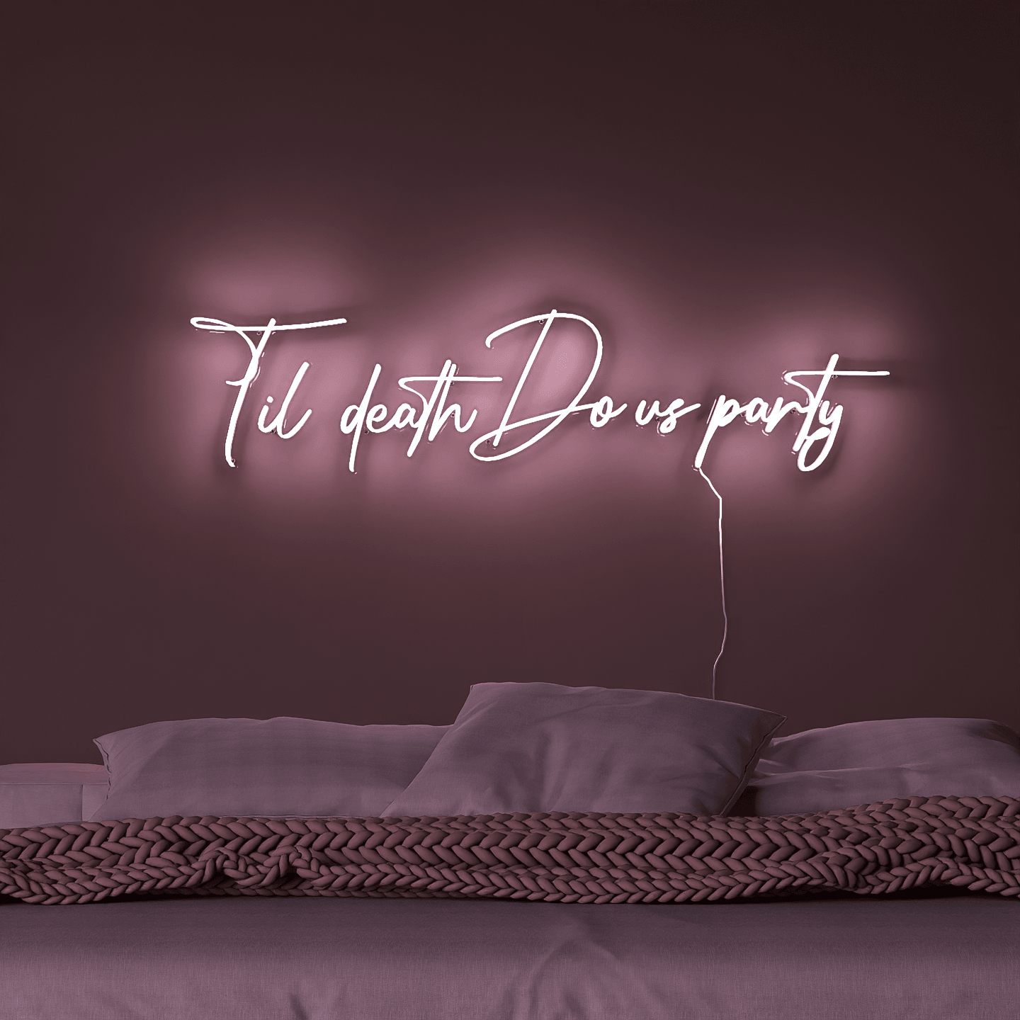 frontal-shot-of-illuminated-white-neon-sign-hanging-on-the-wall-at-night-til-death-do-us-party