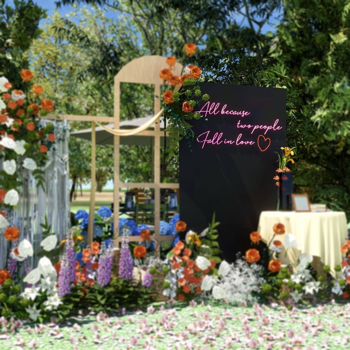 Memorable All Because Two People Fell in Love custom wedding neon sign for special day.