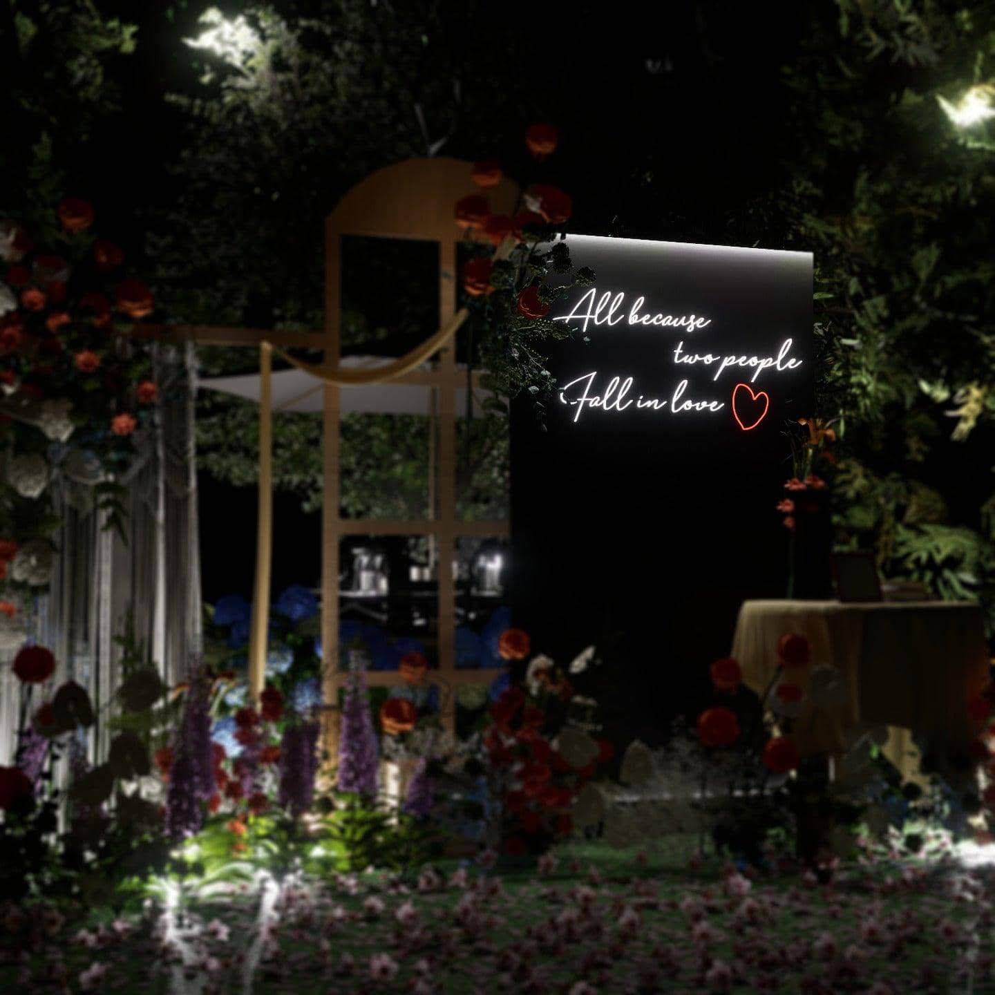 All Because Two People Fell in Love phrase in custom neon for wedding ambiance.