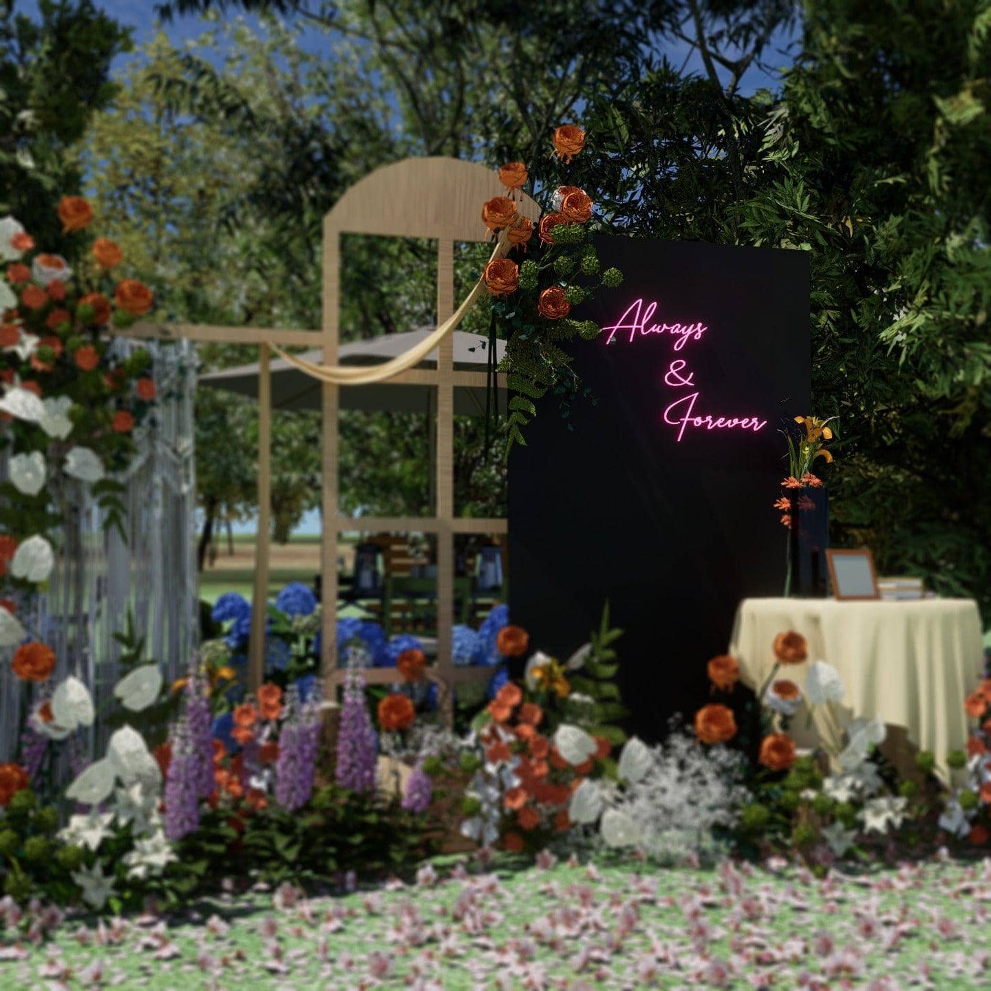 shooting-red-neon-lights-lit-up-at-night-and-hung-on-the-wall-for-display-always-&-forever