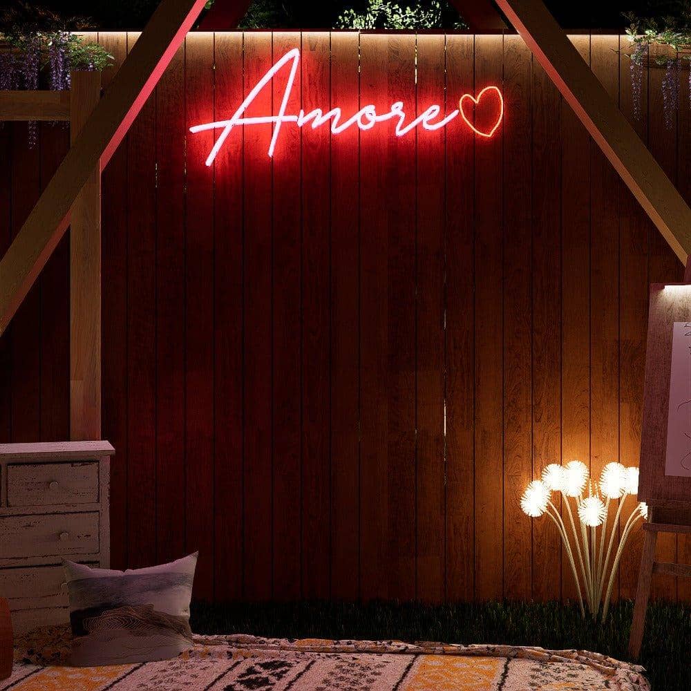 amore' with floral accents: the word 'amore' in classic neon, surrounded by neon or led-lit flowers, creating a beautiful blend of modern and natural elements.