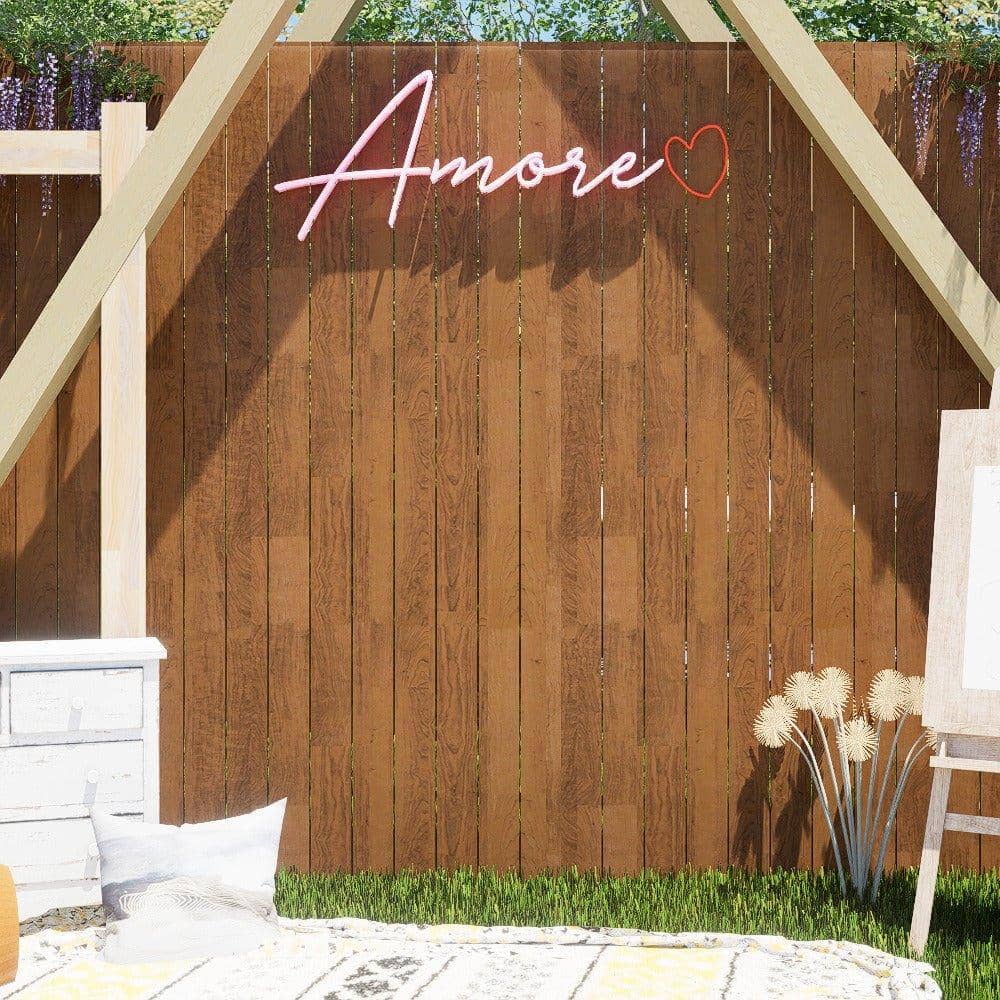 the word 'amore' encased in a square or circular frame of led lights, providing a bright and elegant focal point.