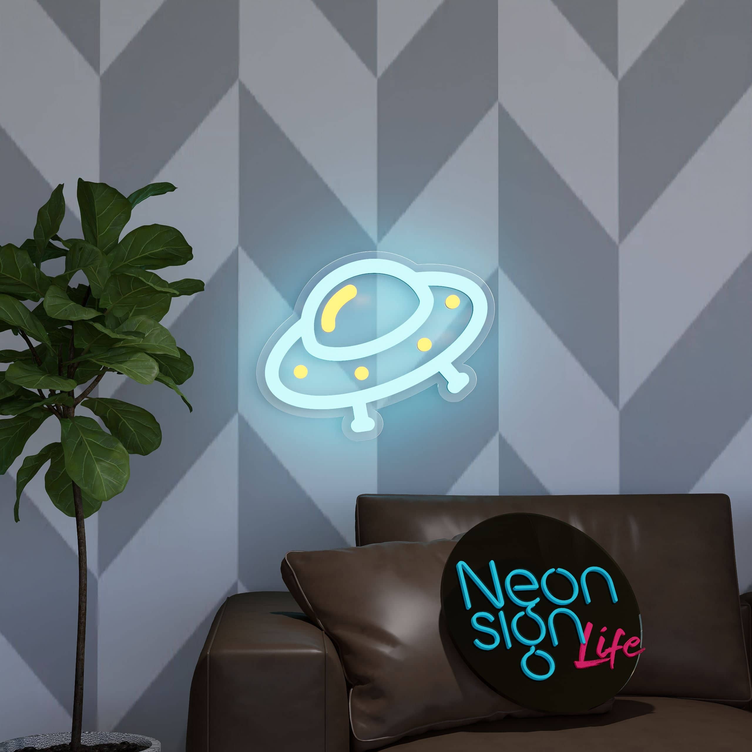 Flying saucer neon sign glowing in a child's room