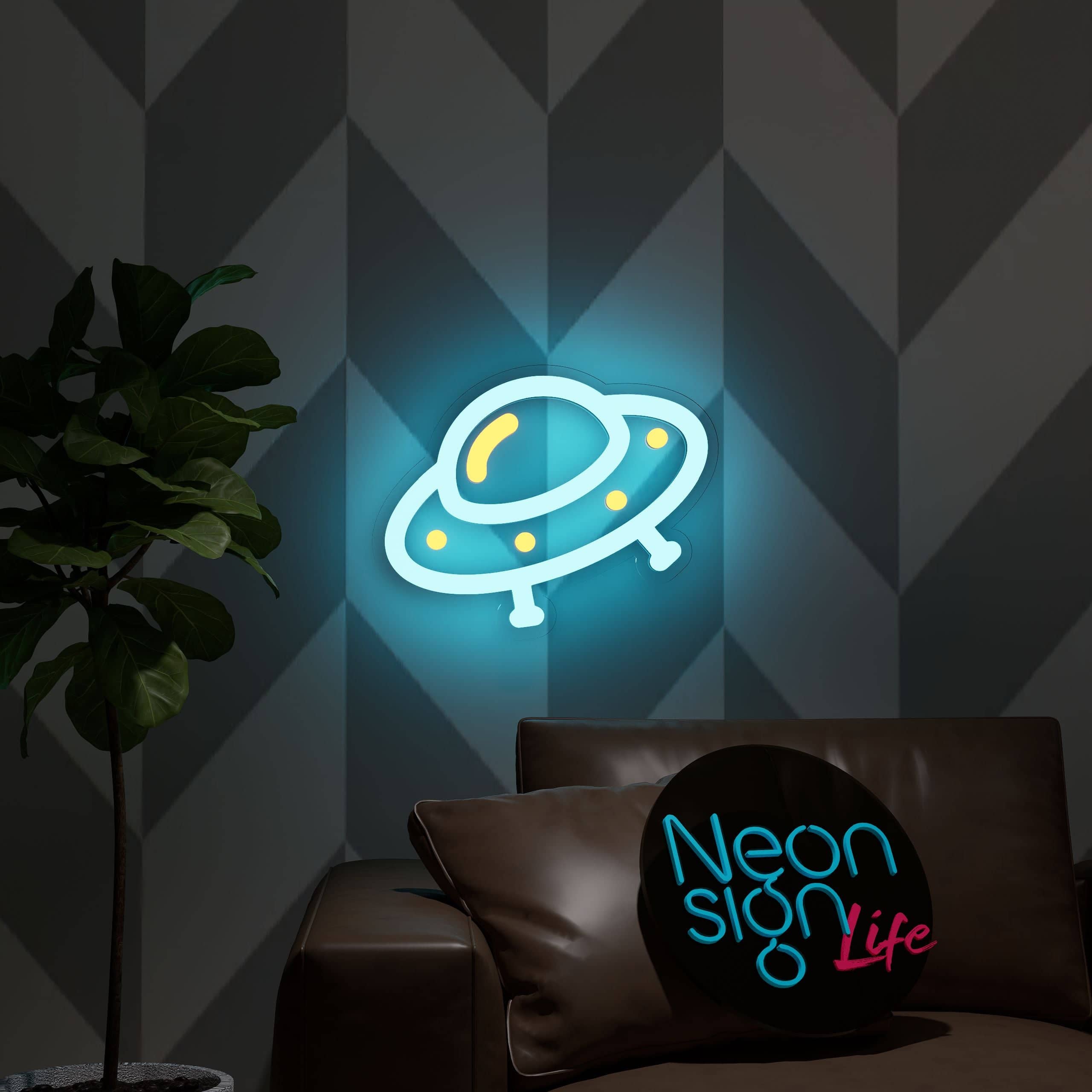 Neon kids sign shaped like a whimsical flying saucer