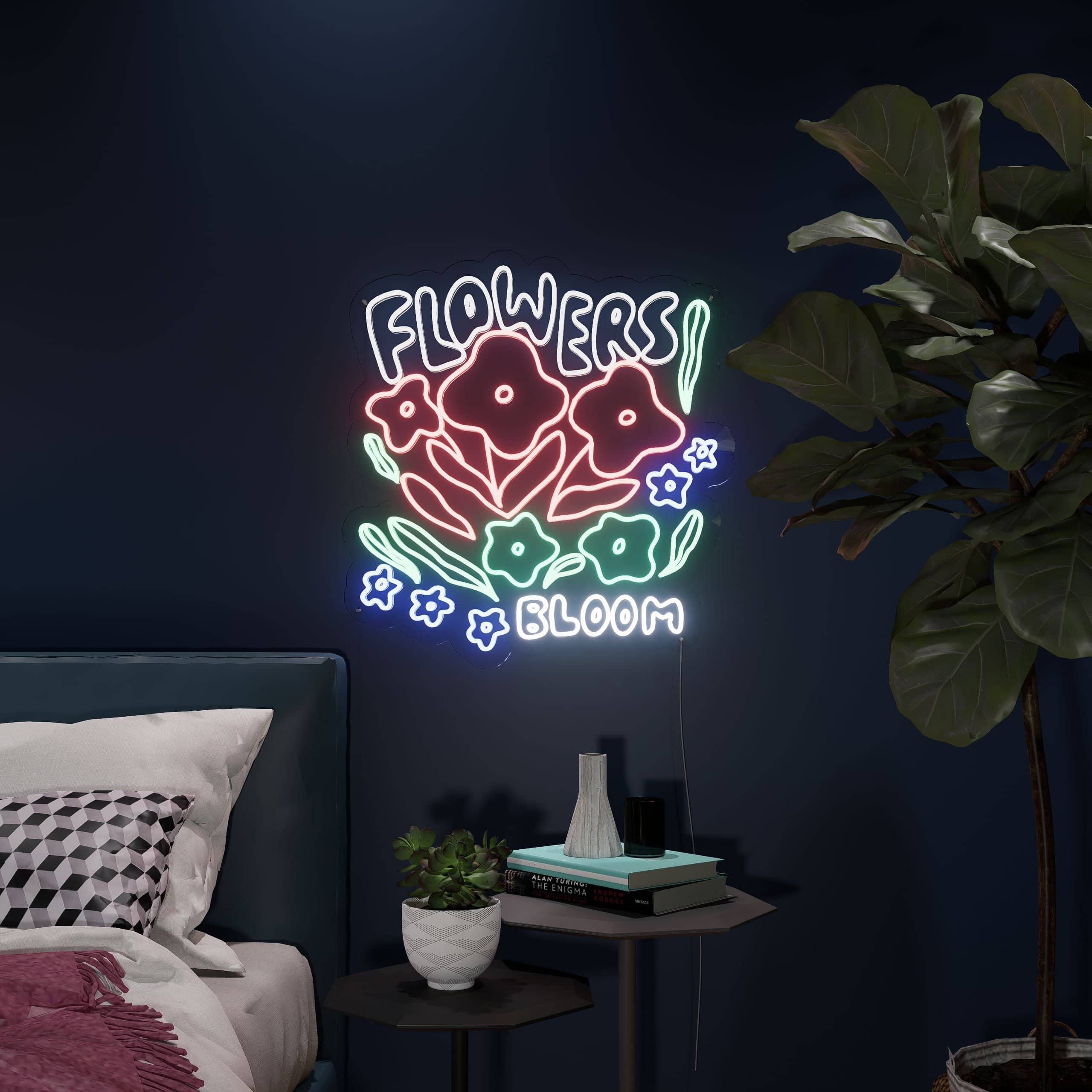 Flowers Bloom Neon Sign shines with vibrant colors