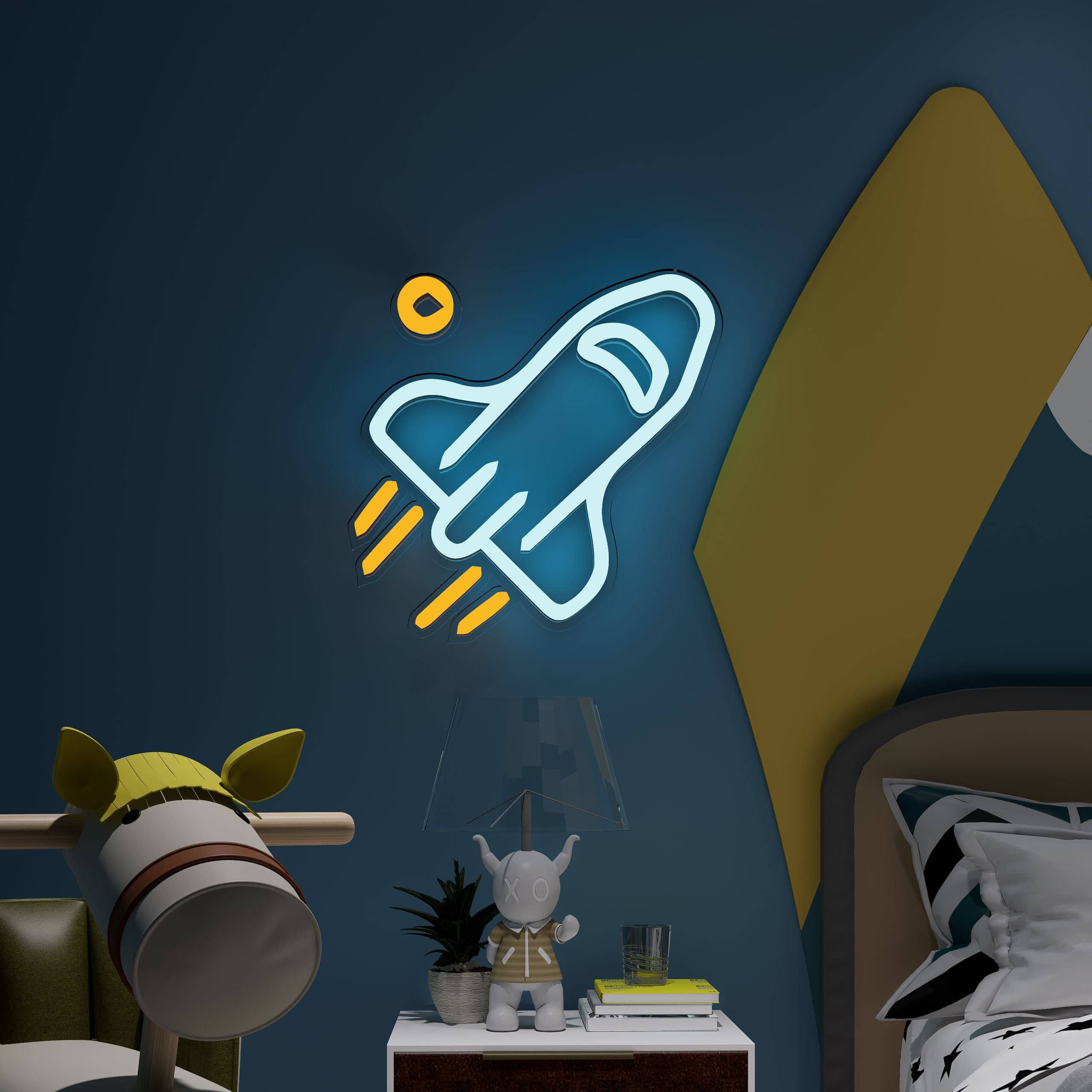 Creative neon signs for kids room with space-themed rocket