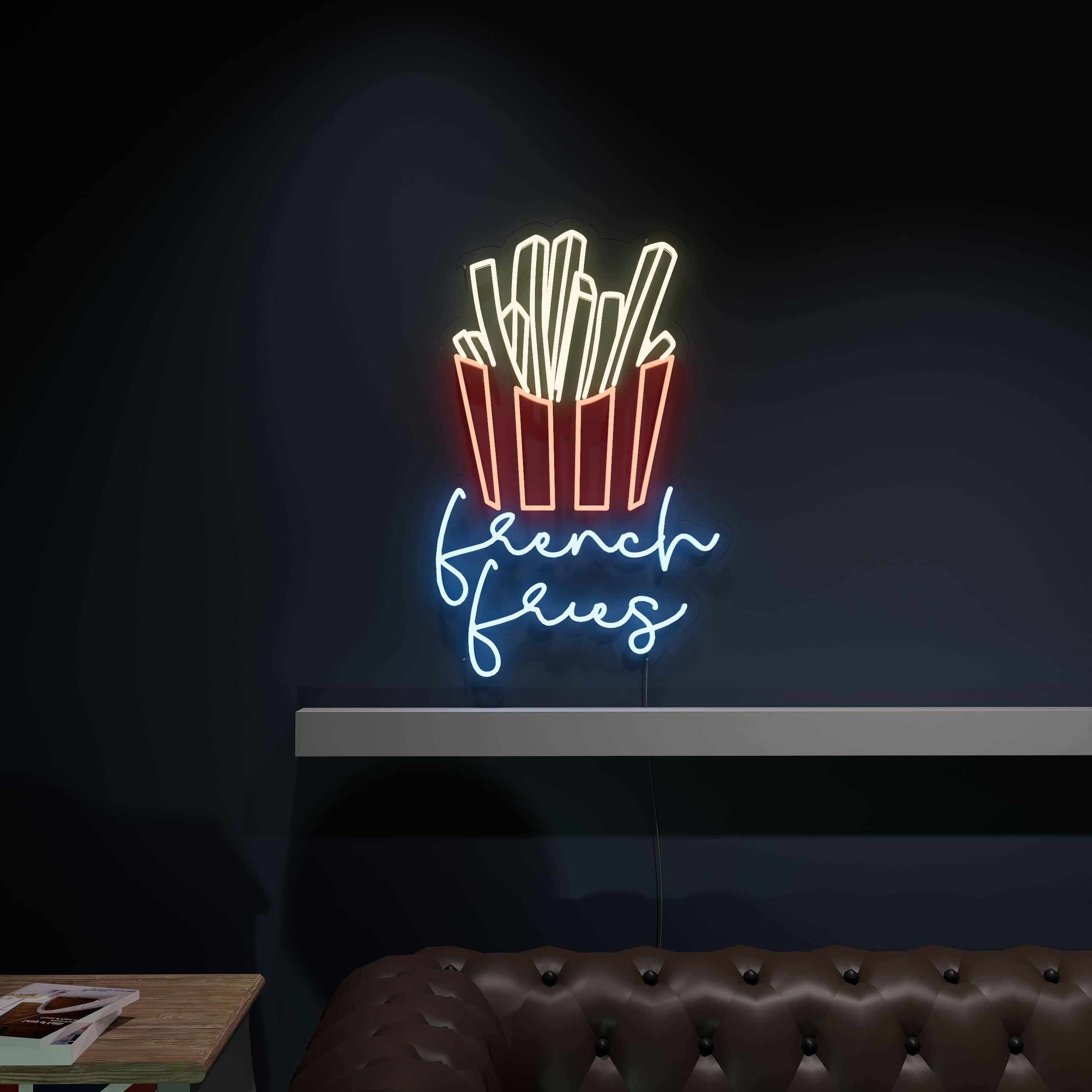 Bright neon sign beckons to delicious fries