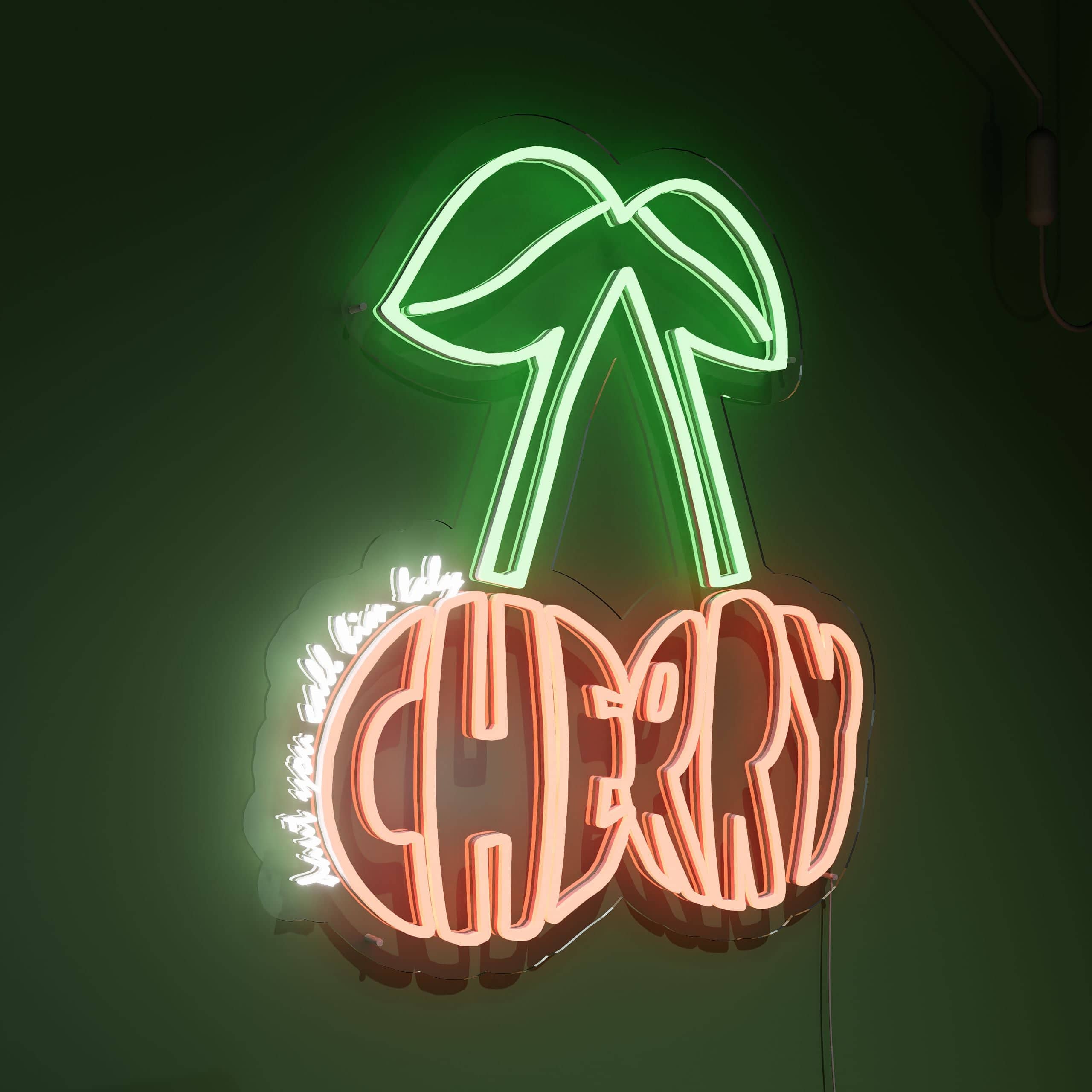 Cherry neon sign casts a warm glow indoors