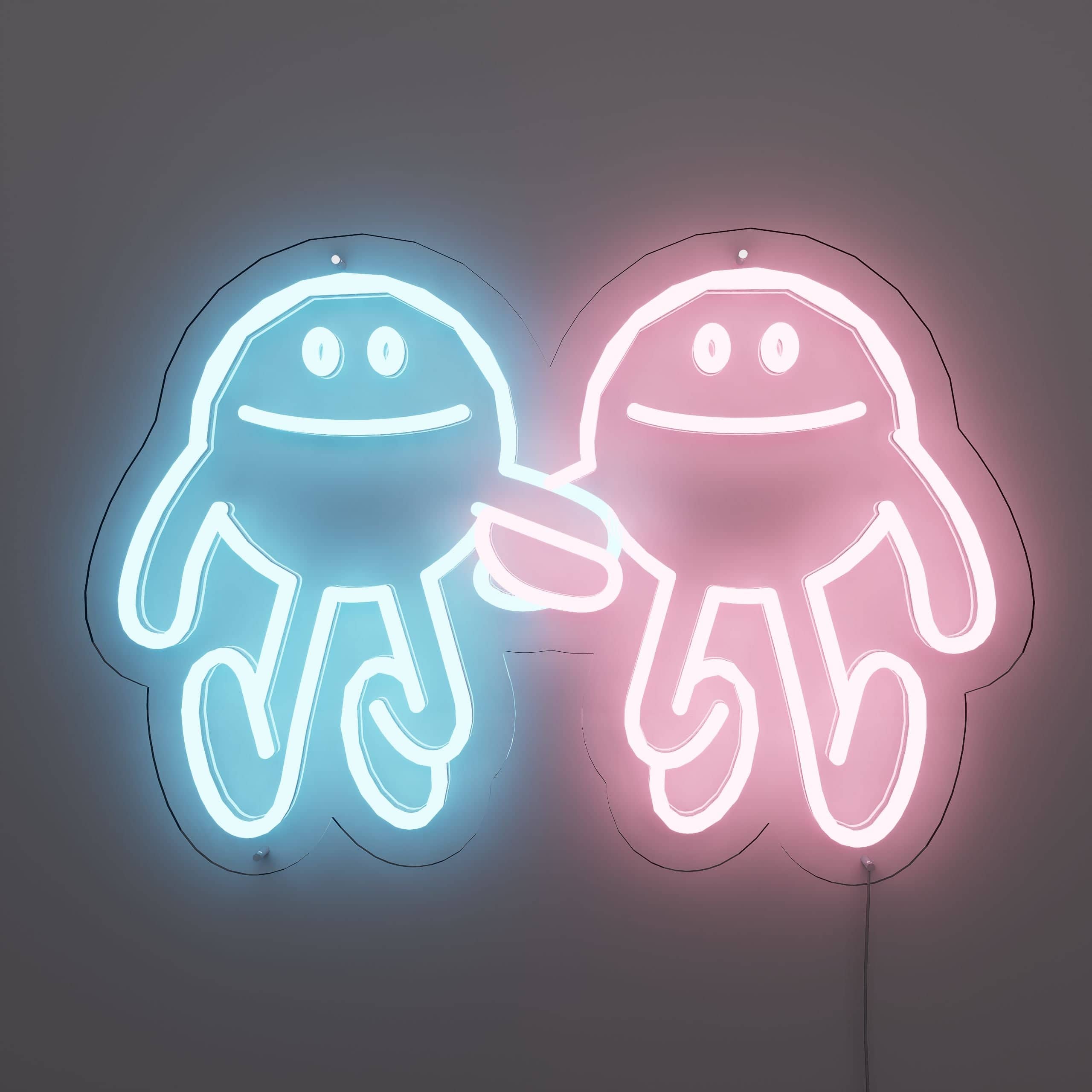 Funny neon signs with cheerful blue and pink figures