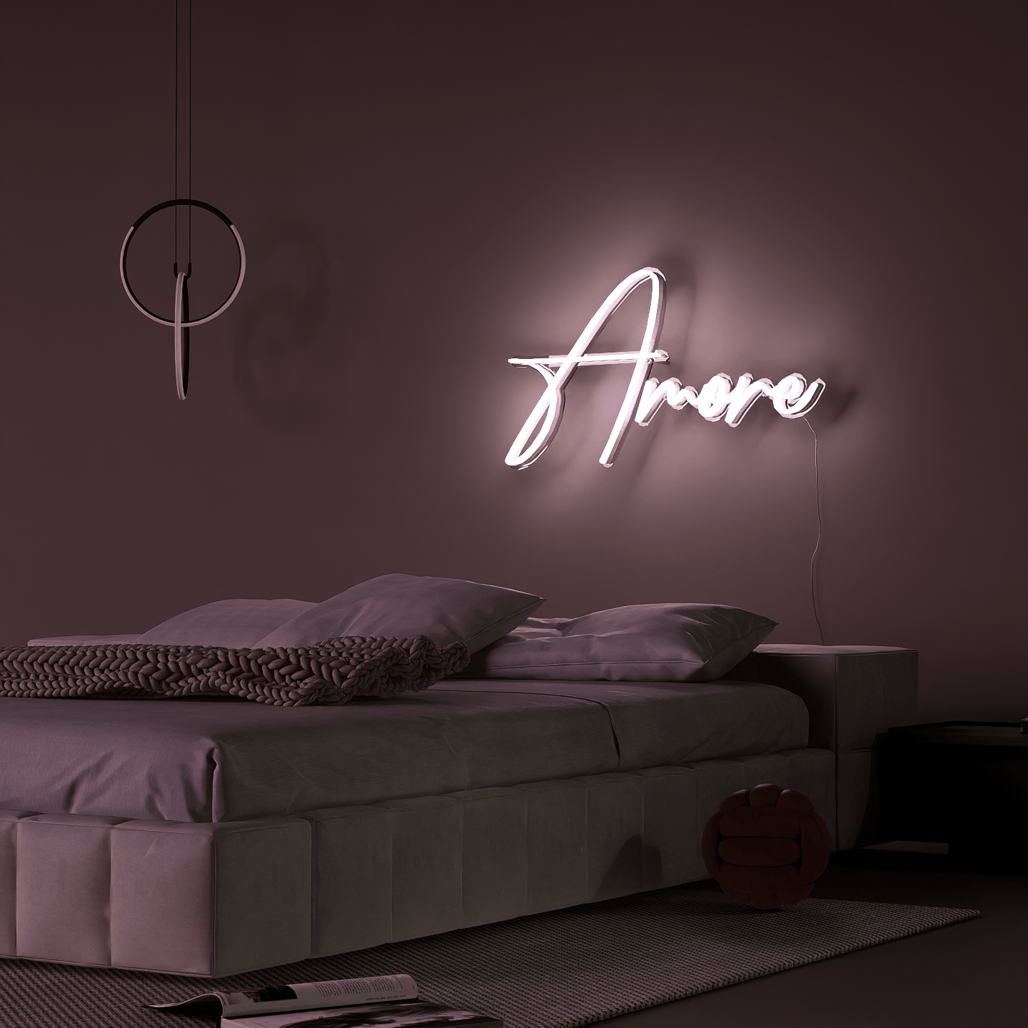 amore' in a neon style but with a rustic look, like neon tubing on a wooden background, fitting for a rustic or country-themed wedding.