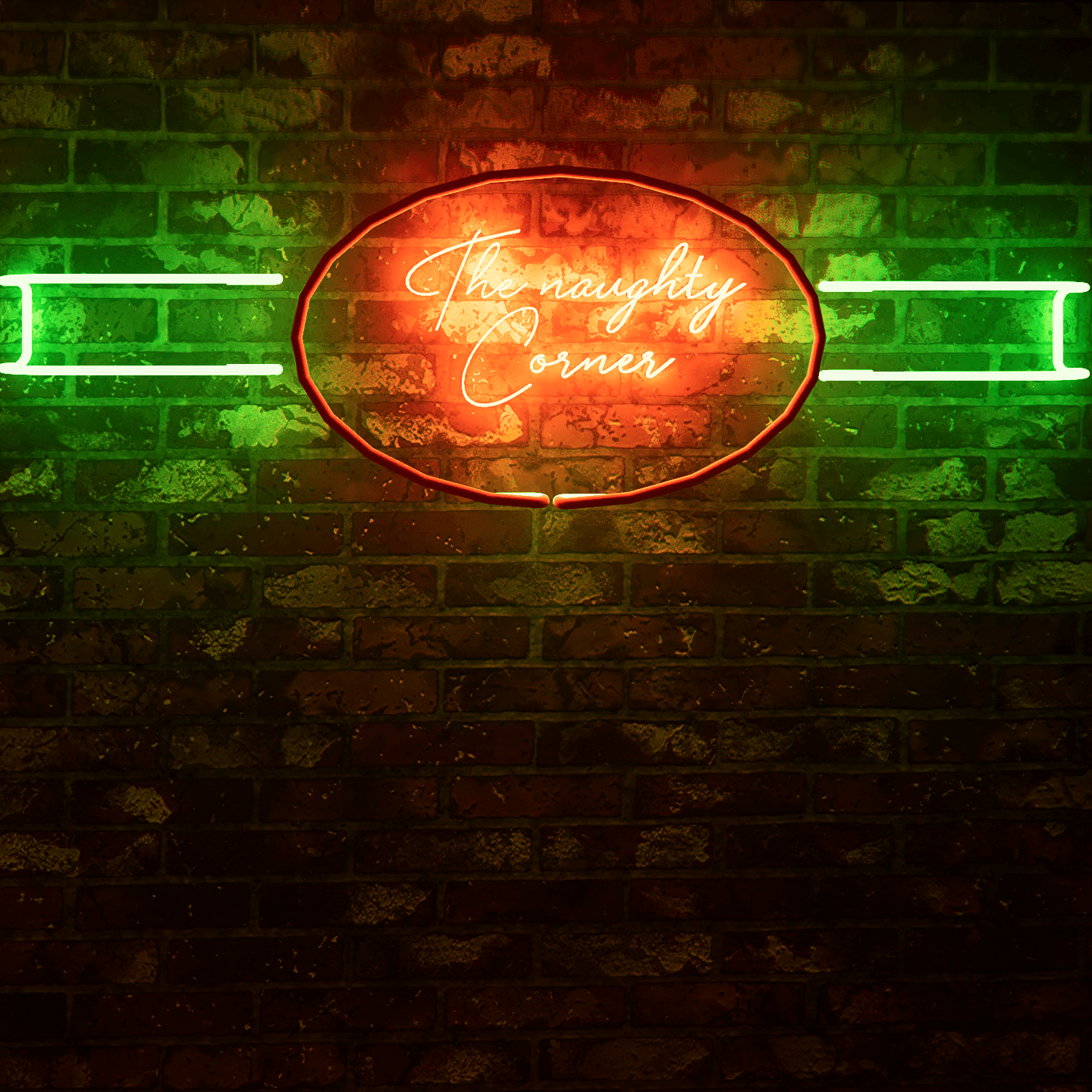 Dark night lit red neon light size chart hanging on the wall-The Naughty Corner